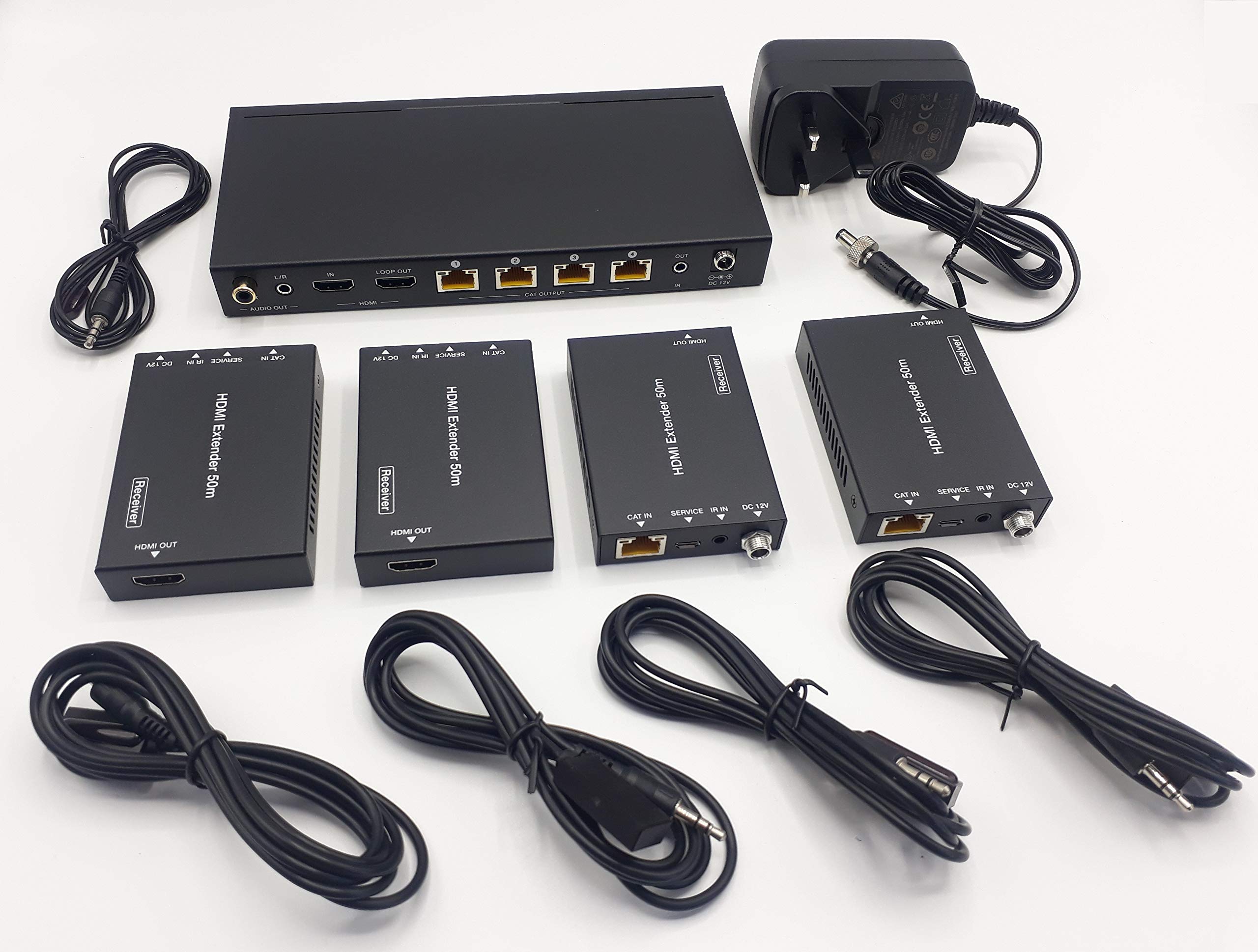 Répartiteur HDMI FOURKAY 1x4 sur Ethernet Cat6/7 avec 4 récepteurs PoC et Sortie en Boucle HDMI. Transmettez 4K60Hz jusqu'à 35 m ou 1080p à 60 m. Extraction Audio. Retour du Signal de Commande IR