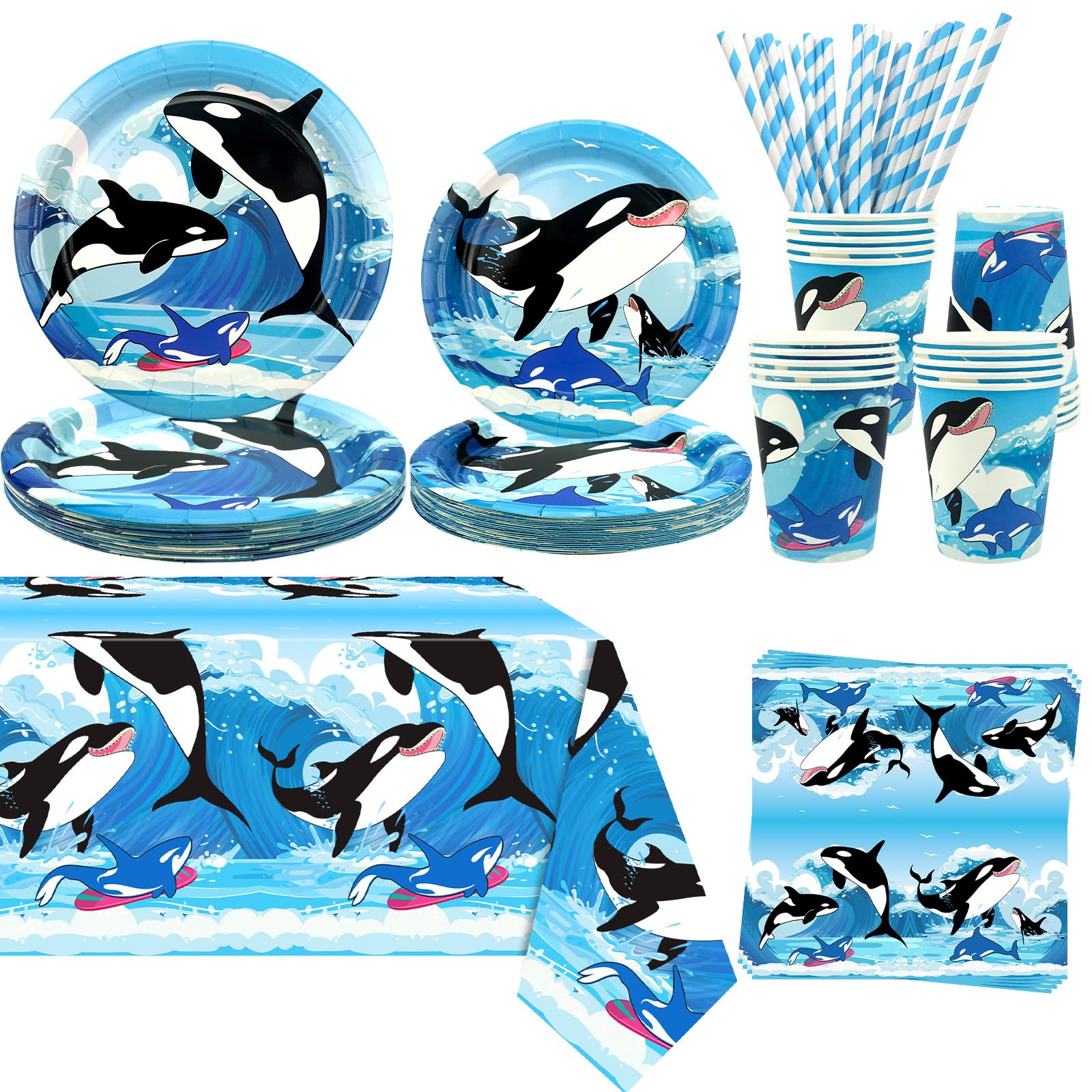 Orca Party Decorations, Killer Whales Party Supplies Include Plates Tablecloth Napkins Tableware for Blue Ocean Under The Sea Party Decorations,