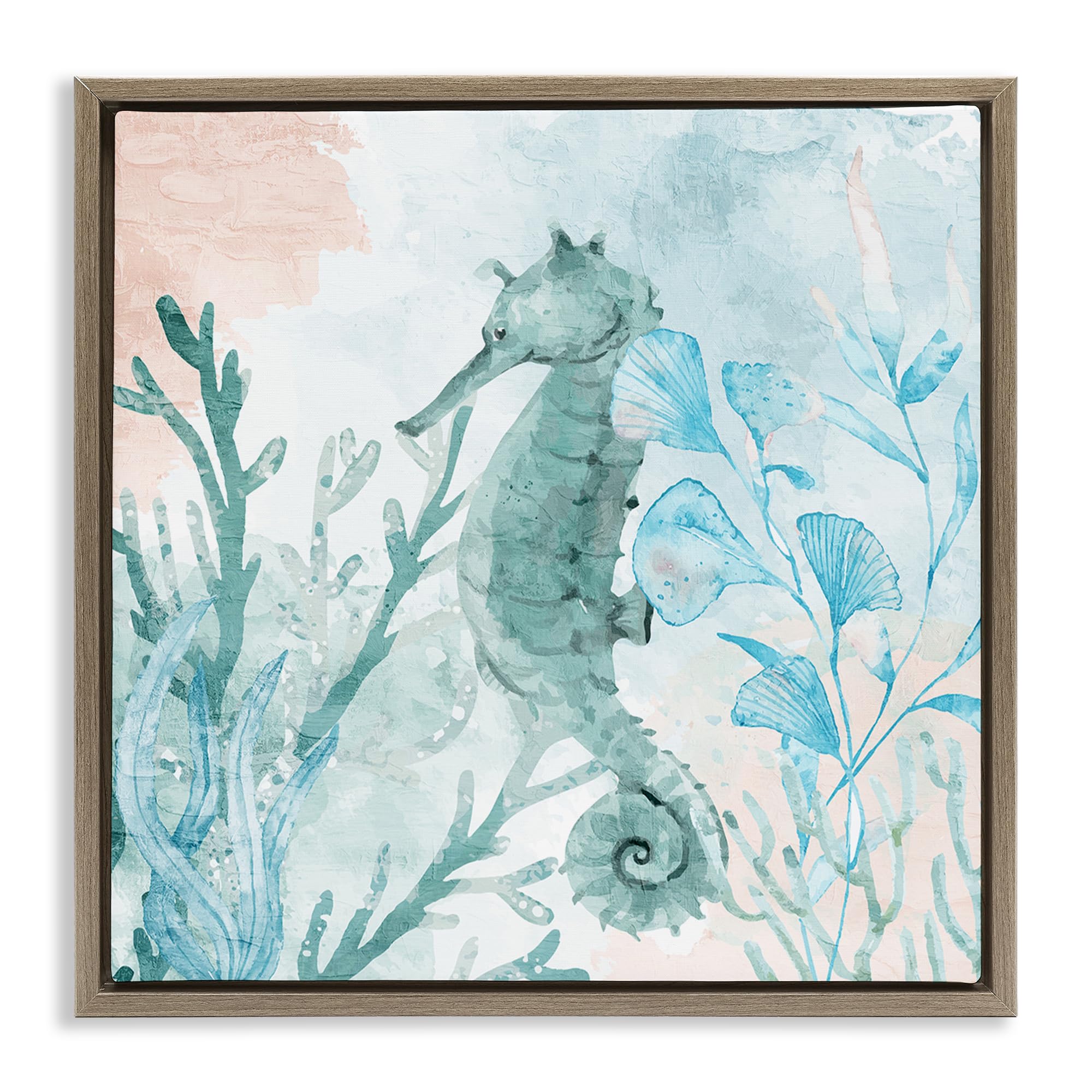 Stupell Industries 'Seahorse Sea Swim', Floating Frame Canvas Art, Brown, 18 x 18 Inches, Easy to Hang and Sturdy, Made in USA, by Kim Allen