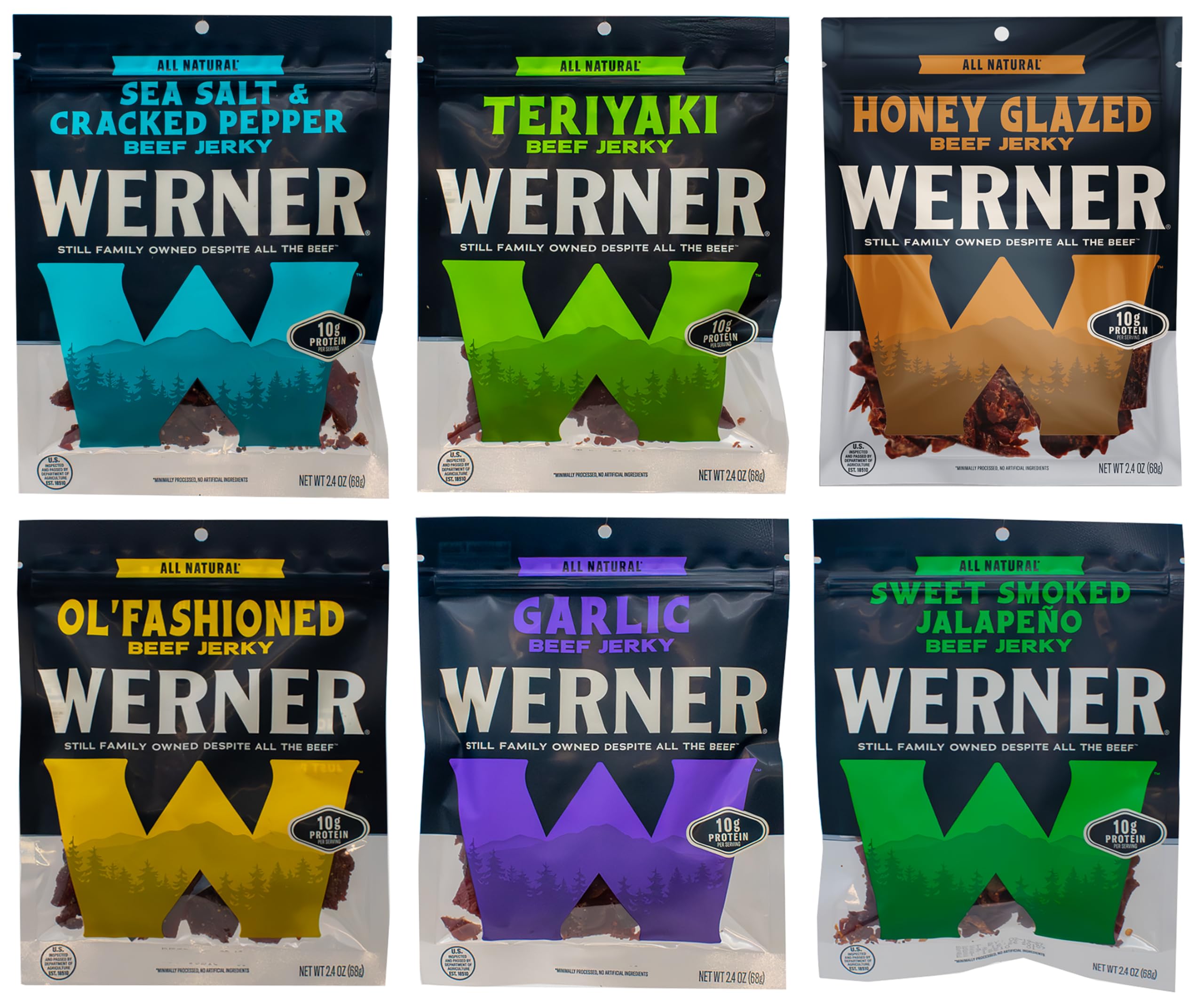 Beef Jerky Variety Pack of 6 – Ol’ Fashioned, Teriyaki, Sea Salt & Pepper, Honey Glazed, and Sweet Smoked Jalapeno Sampler Pack, Jerky Gifts for Men, Meat Snack Packs (2.4 Ounces Each)