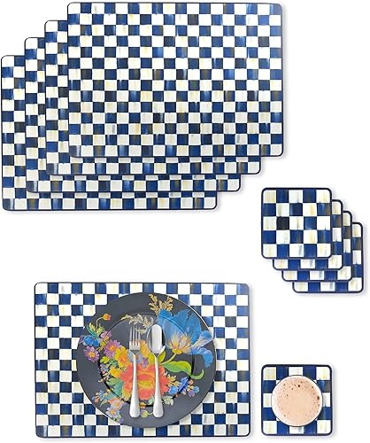 MACKENZIE-CHILDS Royal Check - Juego de manteles individuales con juego de posavasos, 4 de cada uno, acabado duro