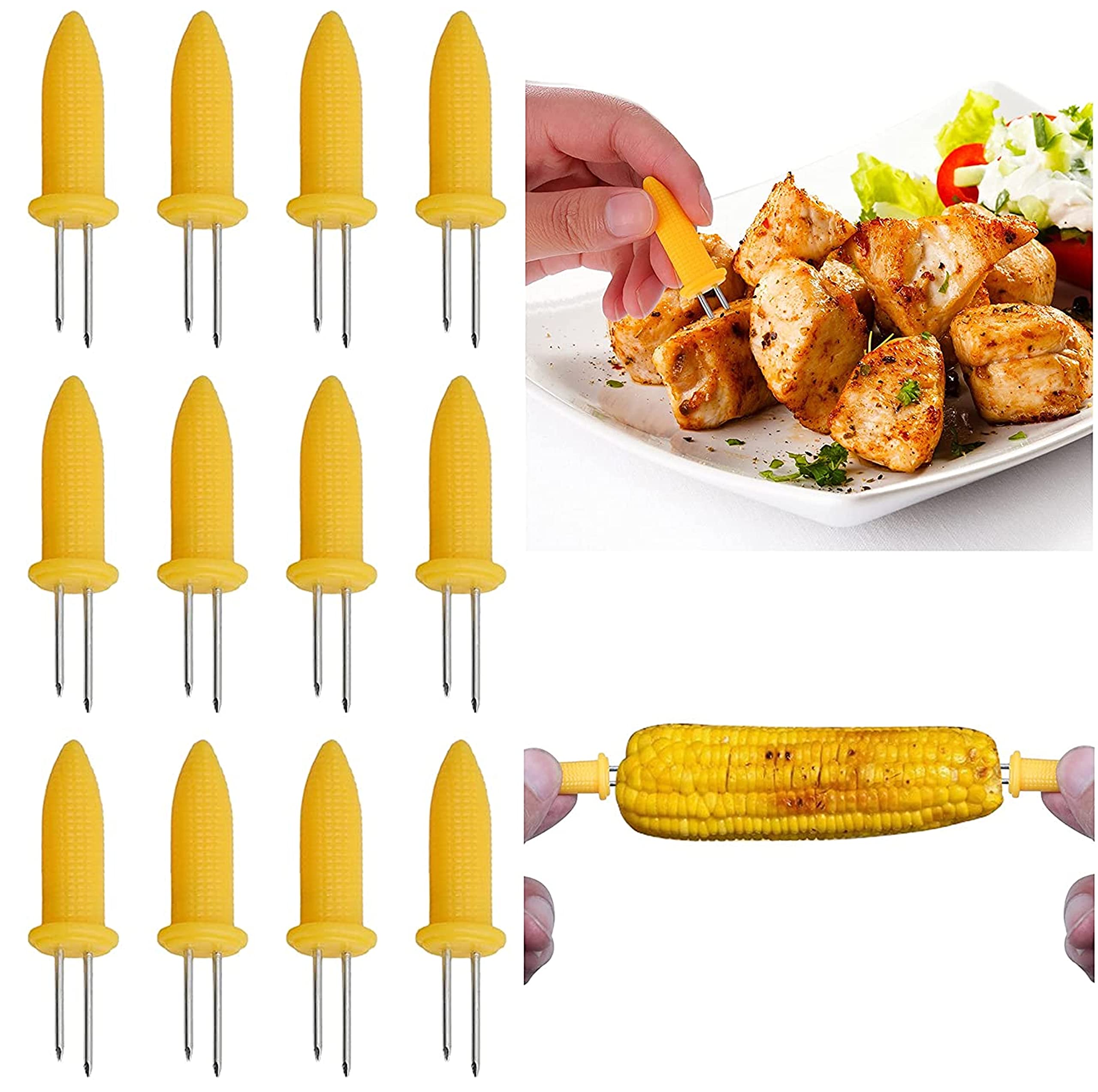 12Pcs Corn Cob Holders, Twin Stainless Steel Prongs, 6cm Corn Cob Skewers, Sweetcorn Skewers for Home and Camping BBQ Grill, Corn Grips Forks, Plastic Handle Kitchen Gadgets