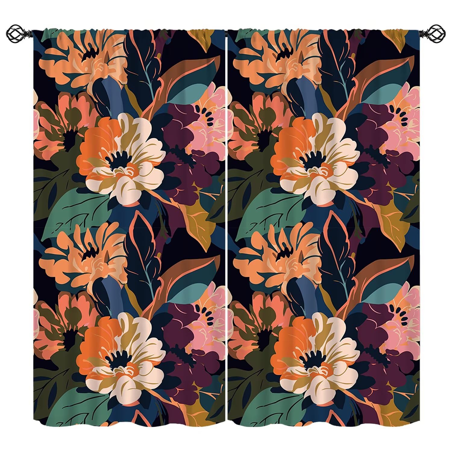 Retro Boho Vintage Floral Curtains Colorful Flowers Bohemian Window Drapes for Bedroom Living Room Kitchen Cafe （W21xL45 Inch） x2 Decor