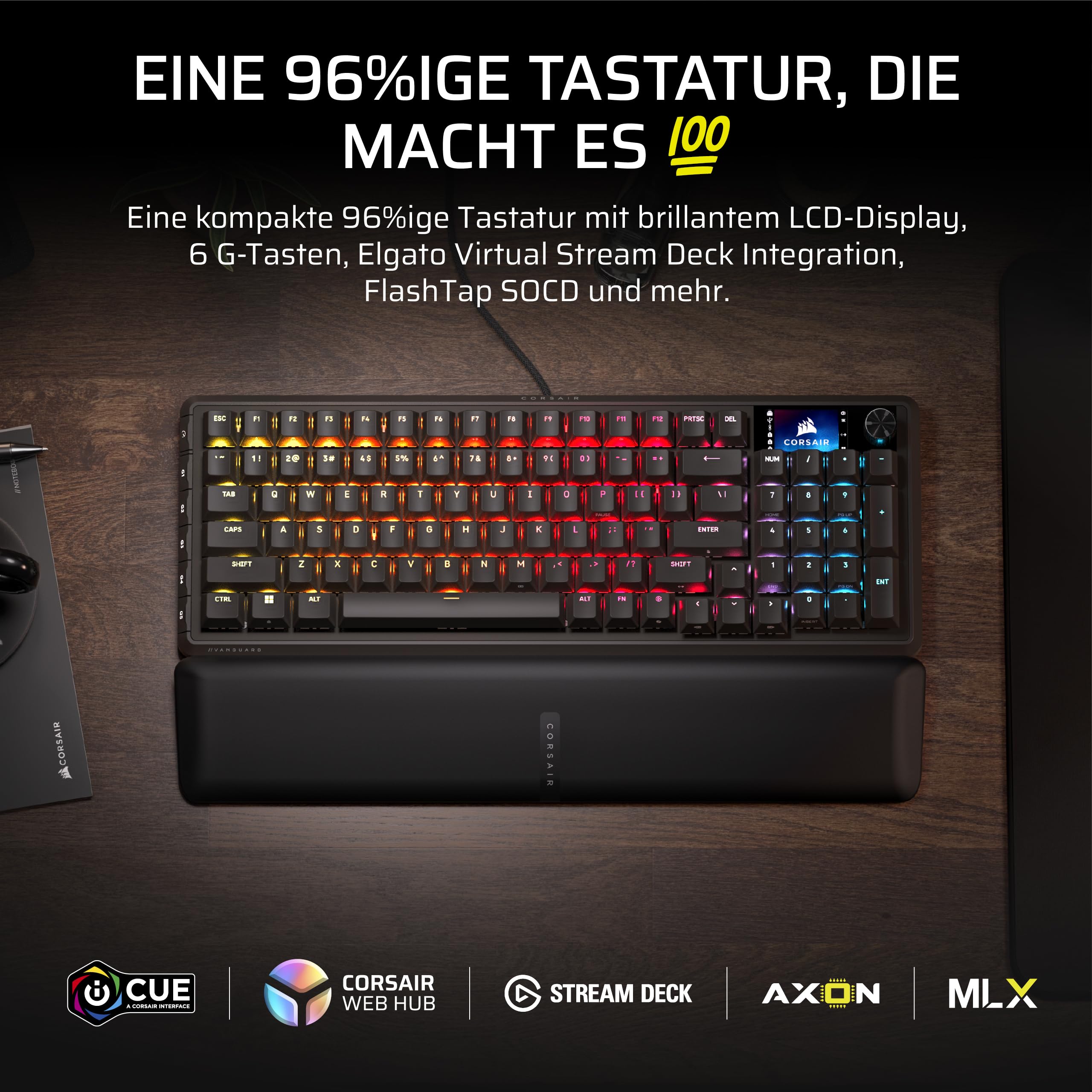 Corsair Vanguard 96 Kabelgebundene Mechanische Gaming-Tastatur– 96% Layout, MLX Plasma-Linearschalter, 8000Hz-Polling, LCD-Display, Virtual Stream Deck, G-Tasten, SOCD Flashtap, QWERTZ DE – Schwarz - 3