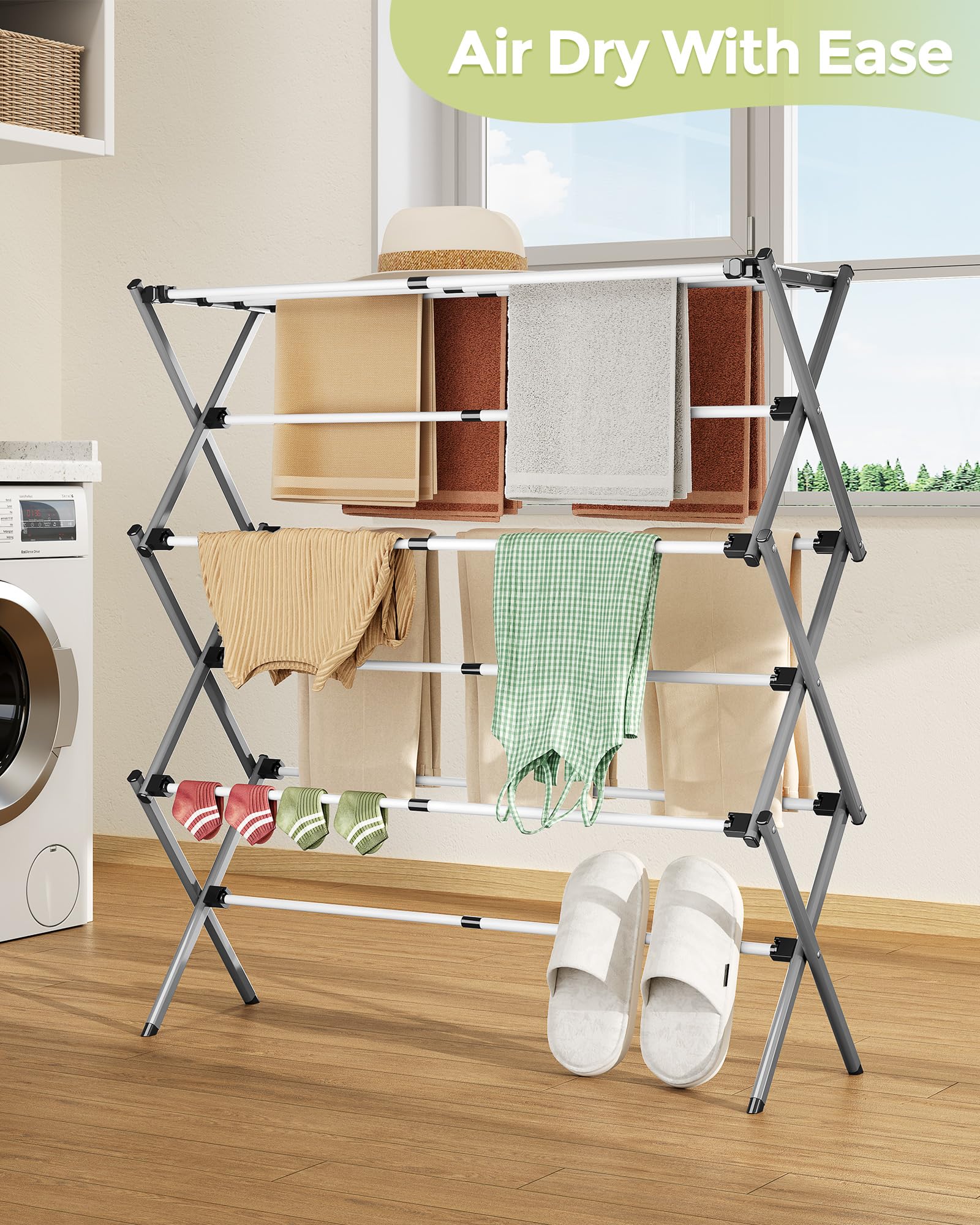 SYKIARIOL Stendibiancheria compatto, piccolo stendibiancheria pieghevole con 11 aste, mini stendibiancheria a 3 ripiani, per indumenti per bambini e biancheria leggera (grigio, 89 x 30 x 95,5 cm)