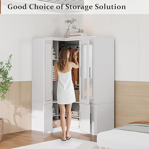 Miniatura 8 de Armario Armario: Juego de 2 modernos armarios de esquina para dormitorio con vidrio, armario de almacenamiento de ropa de madera de gran capacidad