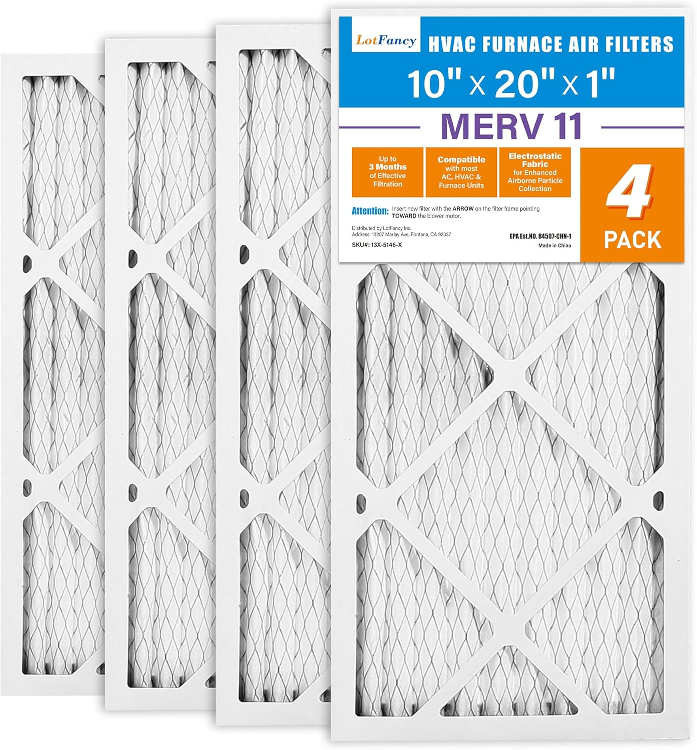 LotFancy 10x20x1 Air Filters, MERV 11 AC Furnace Filters, 4 Pack Pleated Air Conditioner HVAC Filters (Actual Size: 9.75 x 19.75 x 0.75 Inches) MERV 11 10x20x1(4 Pack)