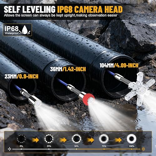 Miniatura 3 de POWERWILL Cámara de alcantarillado autonivelante impermeable IP68, cable de fibra de vidrio de 246 pies y 0.276 in y sonido de 512 Hz, monitor HD