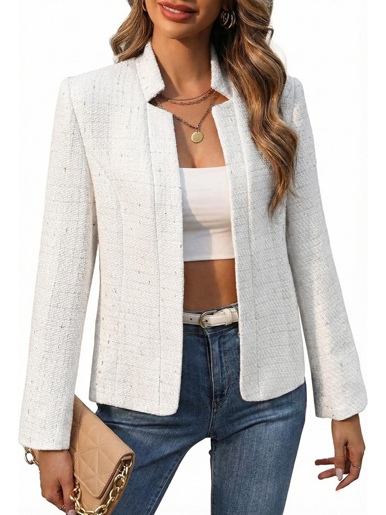 Mina Self 2026 Spring Women's Tweed Plaid Blazer Jacket - Fully Lined Open Front Stand Collar Casual Fashion Work Office Coat 2-plaid-beige XX-Large
