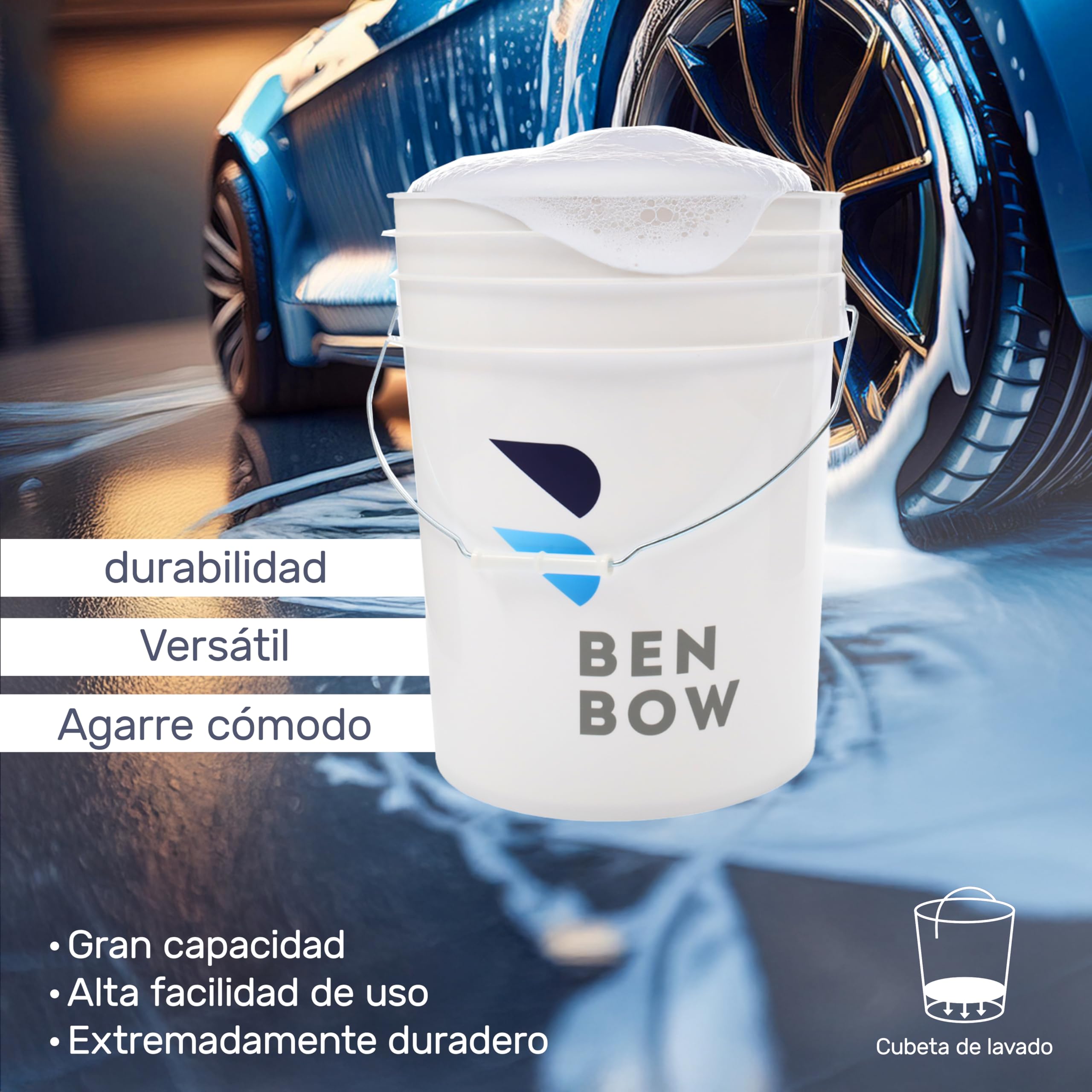 BenBow Juego Profesional: Cubo de Lavado con Tapa y colador de Suciedad – 20 litros Blanco – Duradero y versátil Lavado de Coches – Lavado – hogar – Oficina Limpieza