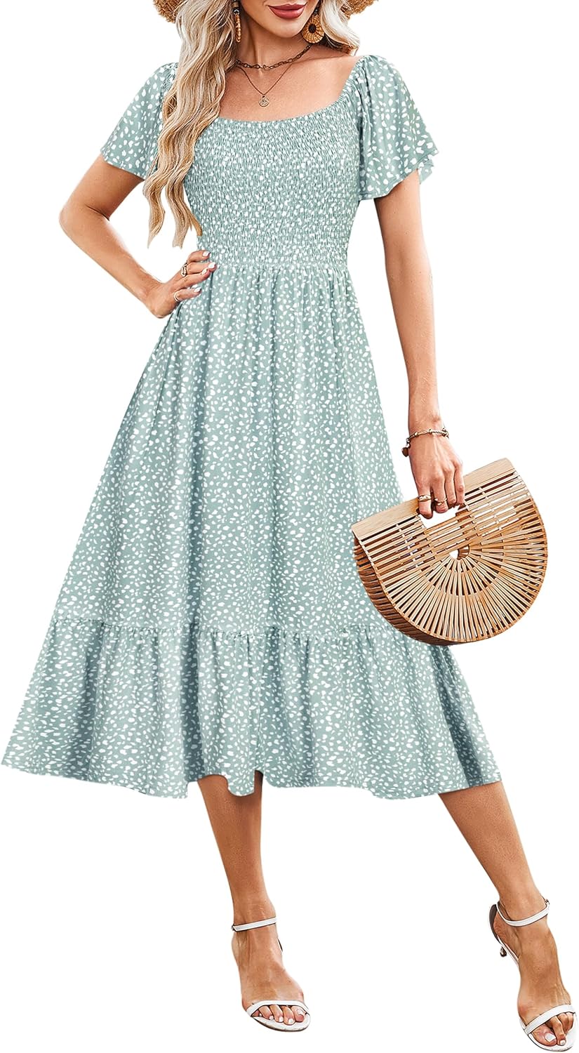AUSELILY Women's Summer Empire Waist Dress Smocked Flutter Short Sleeve Square Neck Midi Dresses 2025 New