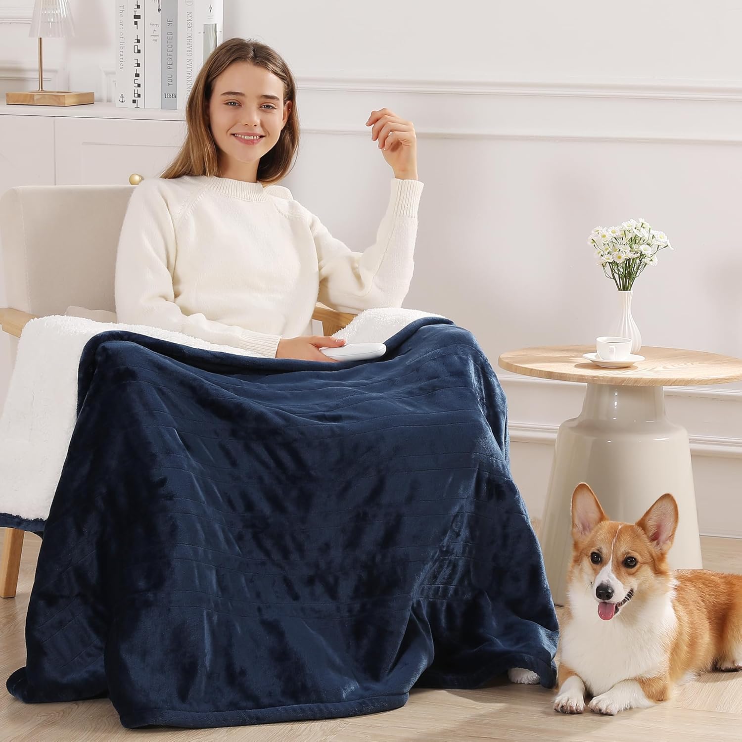Electric Throw Heating Blankets 50X60in - Fleece Heated Throw Washable with 5 Heating Level & 4 Hour Auto Off Small Heated Blanket for Office, Chair Blanket for Winter, Great Gift Ideas(Navy Blue)