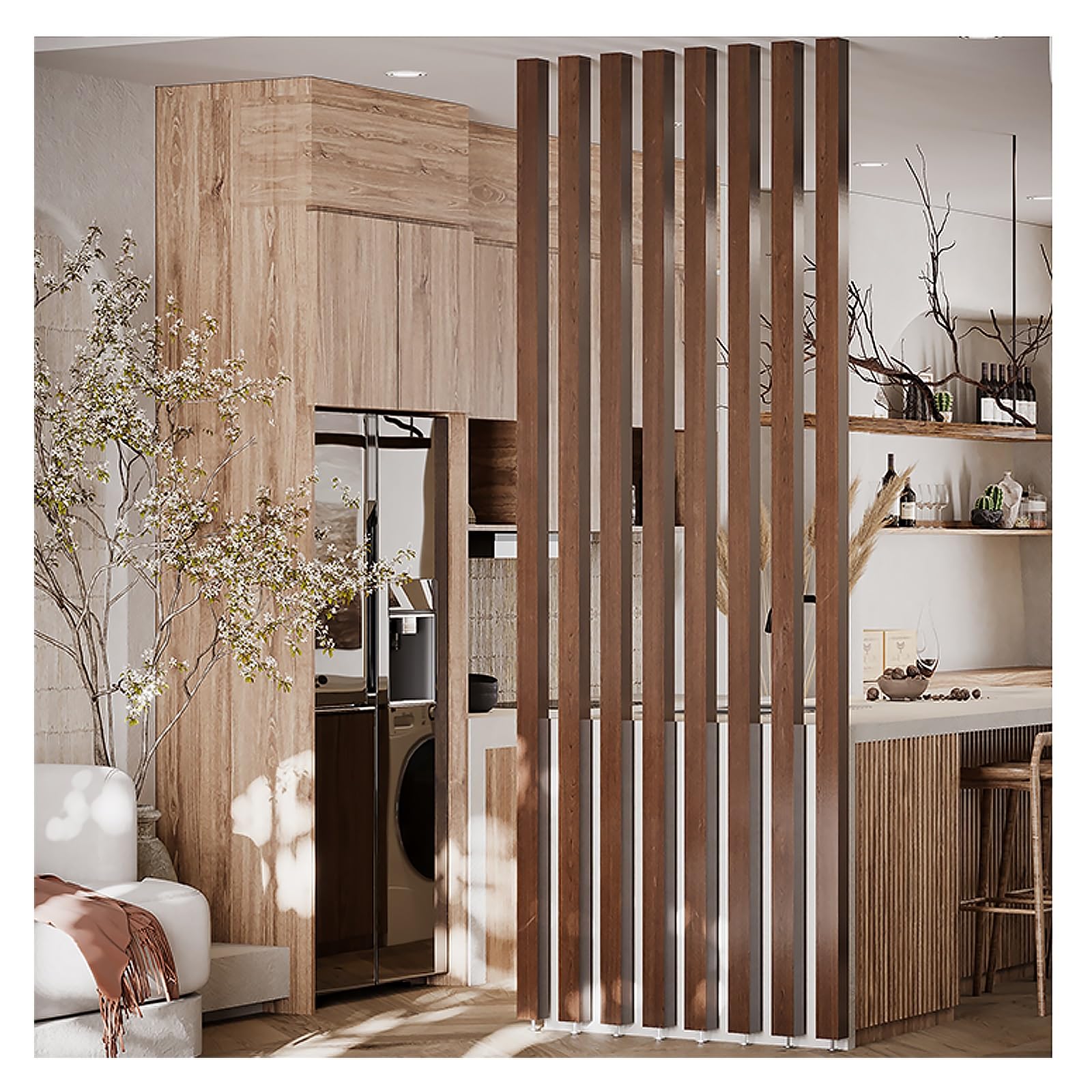 Wooden Slats Screen Partition Post,100-230cm Tall Privacy Screens,Corridor/Stairwell Wall Partition Column,Floor to Ceiling Wooden Slats,Adjustable Height(4-pcs,200cm/78.7in/6.56ft)