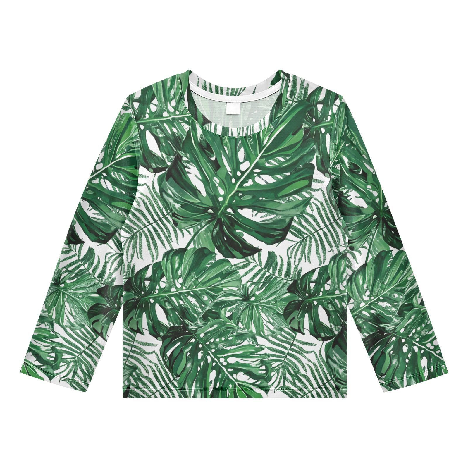 DOMIKING Green Monstera Fern Leaves Boys Long Sleeve Rashguard Shirt Kids Quick Dry Swim Shirt for Swimming Pool Beach 9-10T