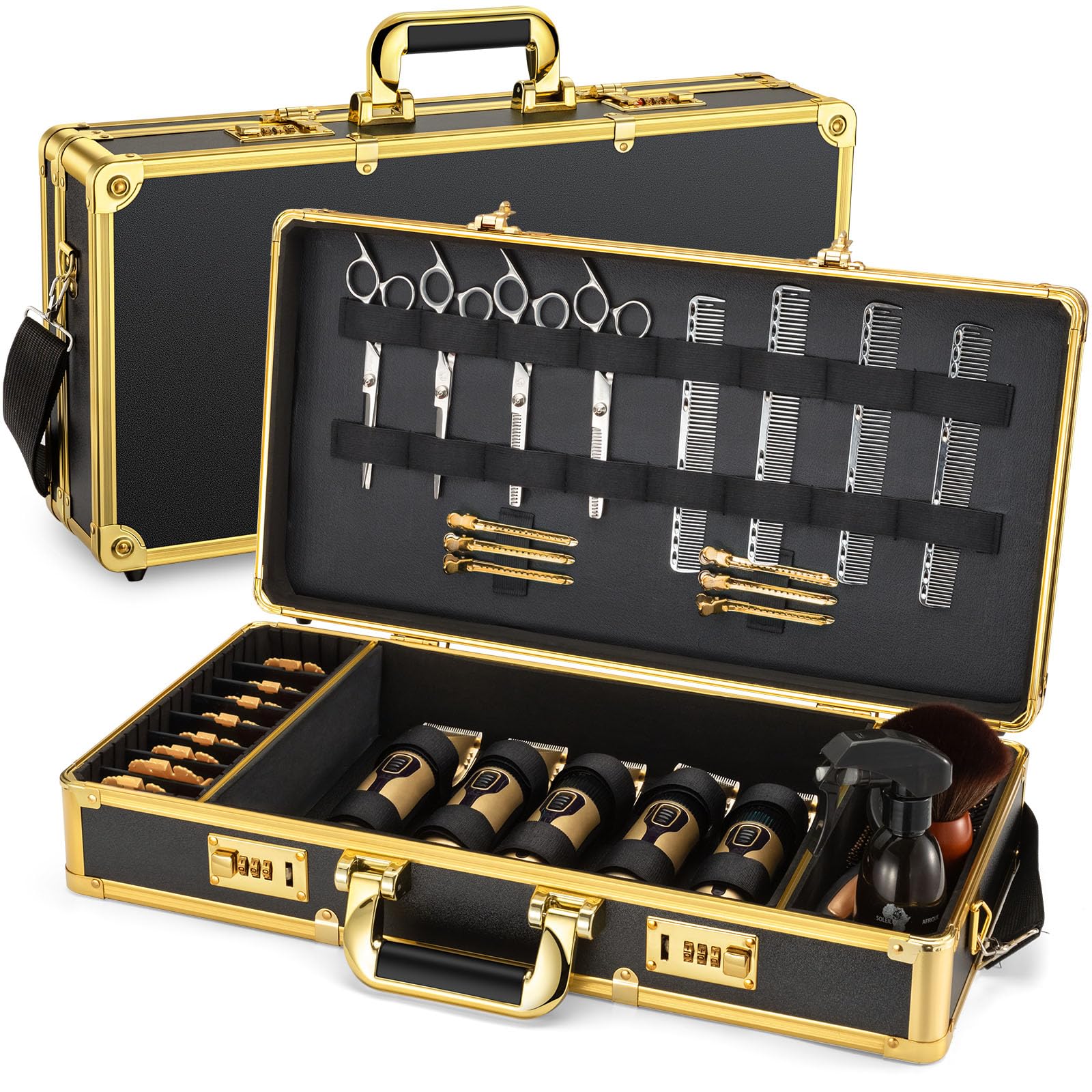 Noverlife Upgraded Large Barber Travel Briefcase, 22x11x5in Portable Barber Carrying Suitcase Salon Case with Code Lock, Gold Barbershop Travel Case Hairdresser Tool Storage Organizer Box for Clipper