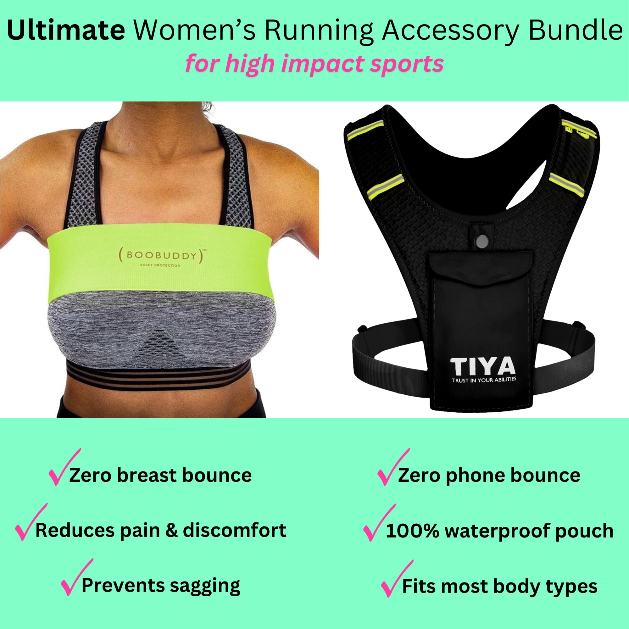TIYA Boobuddy - Set di accessori da corsa da donna: fascia di supporto per il seno e gilet da corsa, supporto per telefono, Nero/Giallo/Verde, S, casual
