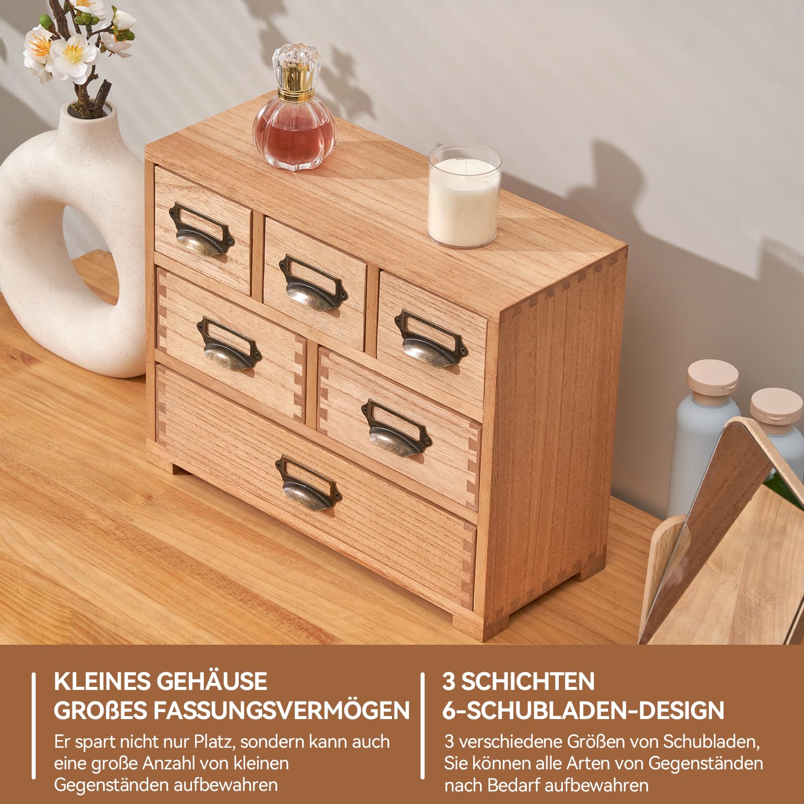 KIRIGEN Schubladenbox, Mini-Kommode, Schreibtisch-Organizer, Natur | 6 Schubladen, Paulownia-Massivholz, 35,7 x 14,2 x 28,1 cm, handgefertigt, fertig montiert, Zapfenverbindungen, mit Pflanzenöl