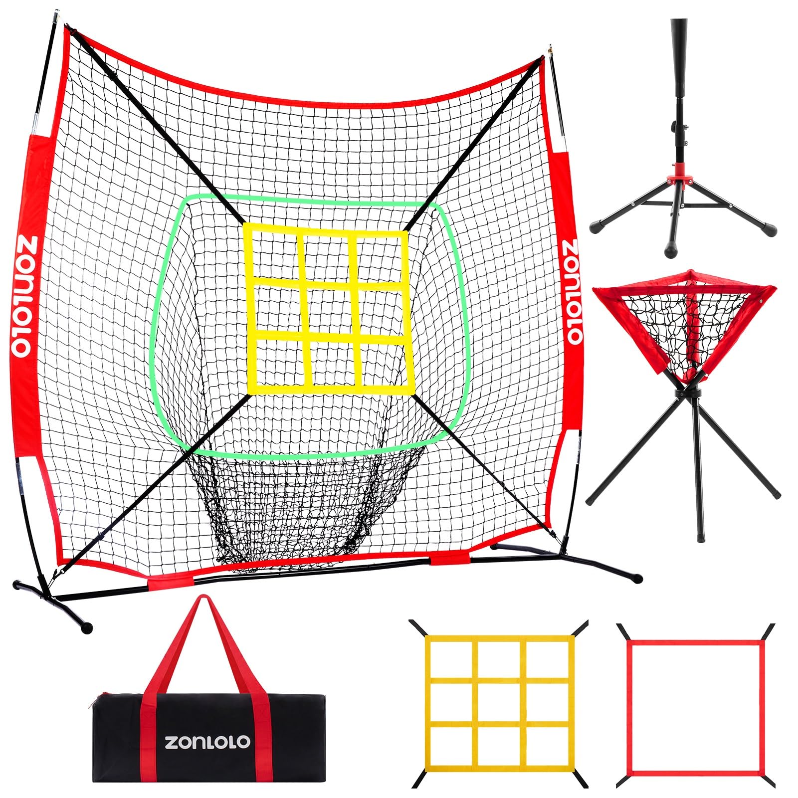 ZONLOLO 6x6ft Portable Baseball & Softball Net for Hitting，Pitching and Throwing, with Sturdy Bow Frame,Battting Tee,Ball Caddy and 2 Strike Zones,