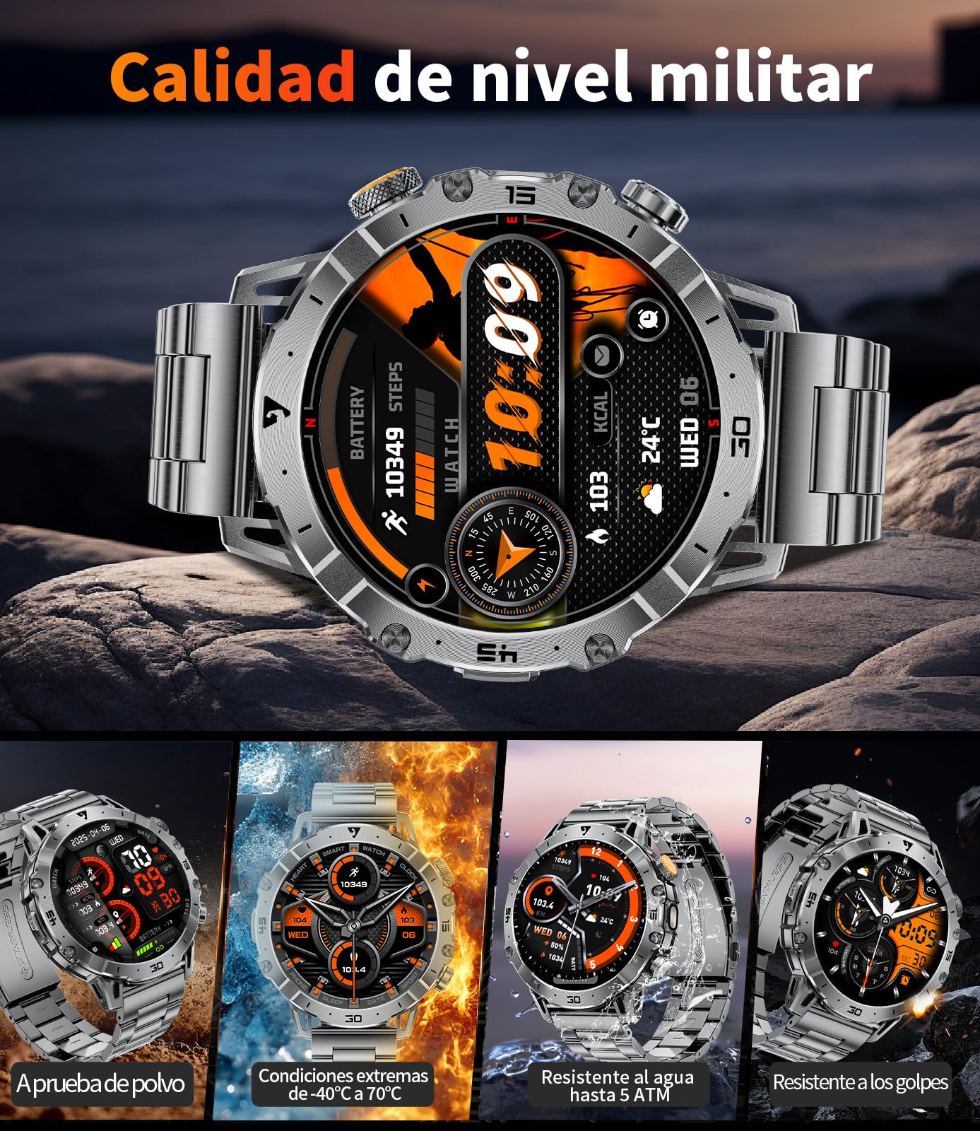 1000mAh Reloj Inteligente Hombre, 1.7'' Smartwatch Hombres con Llamadas Bluetooth, Militar LED Linterna,100+ Modos Deportivos,Reloj de Fitness,Pulsómetro/Monitor de Sueño,Reloj para Hombre Android iOS