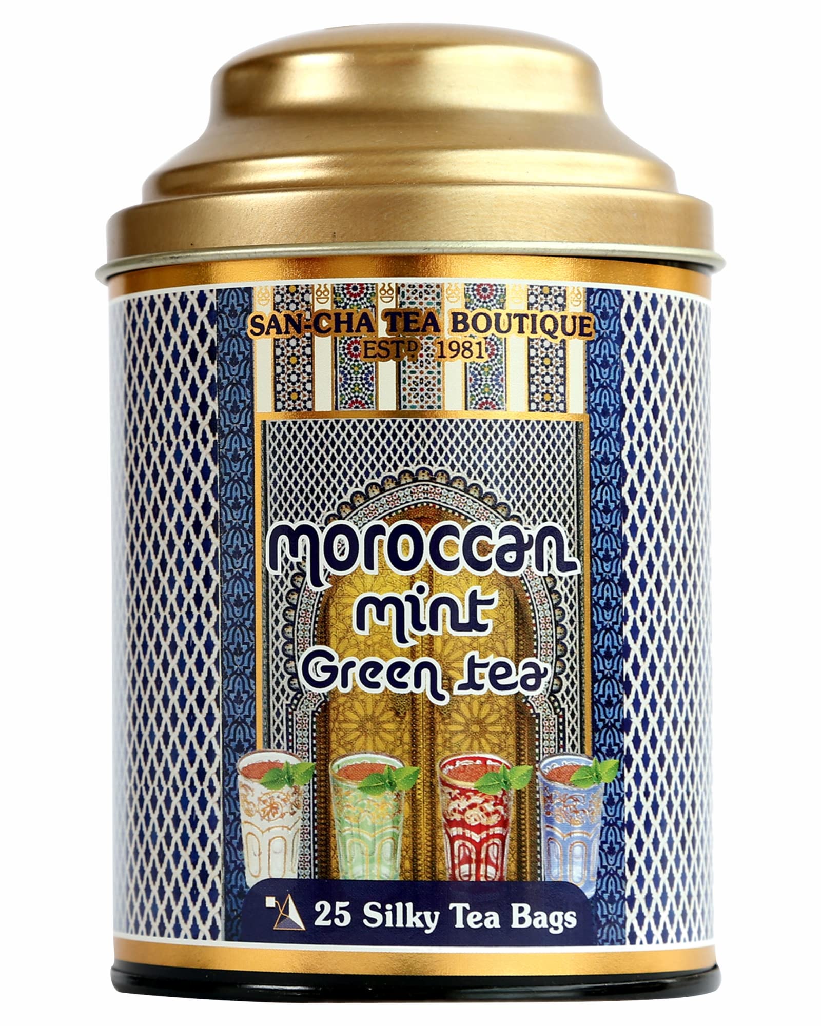 Sancha Tea Boutique Moroccan Mint Green Tea | Fresh Mint Blend | 25 Biodegradable Pyramid Tea Bags | Rainforest Alliance Certified