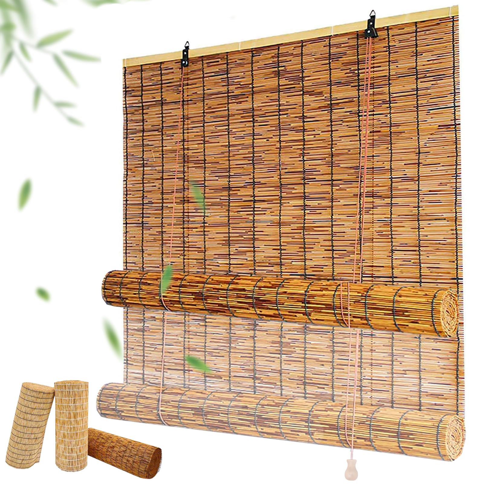 Outdoor Roller Reed Blinds Porch Bamboo Shades 55 60 70 90 100 120 140 150 160 182cm Wide Roman Blinds Customisable with Lifter, Privacy Protection, No Drill, Blackout Blinds for Patio Roll Up