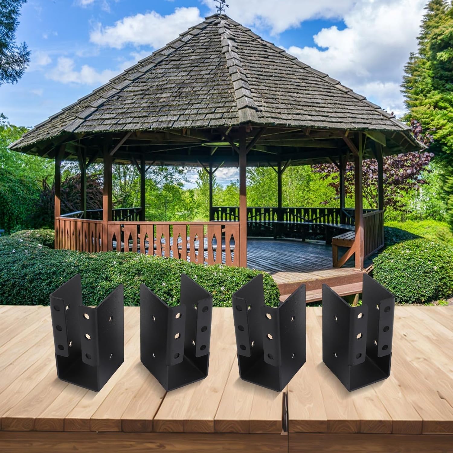 4 Pack Black Joist Hangers for 2x4 Timber to Timber, Heavy Duty Q235 Iron Beam Brackets, Wood Post Reinforcement for Gazebo Frame Fitting,