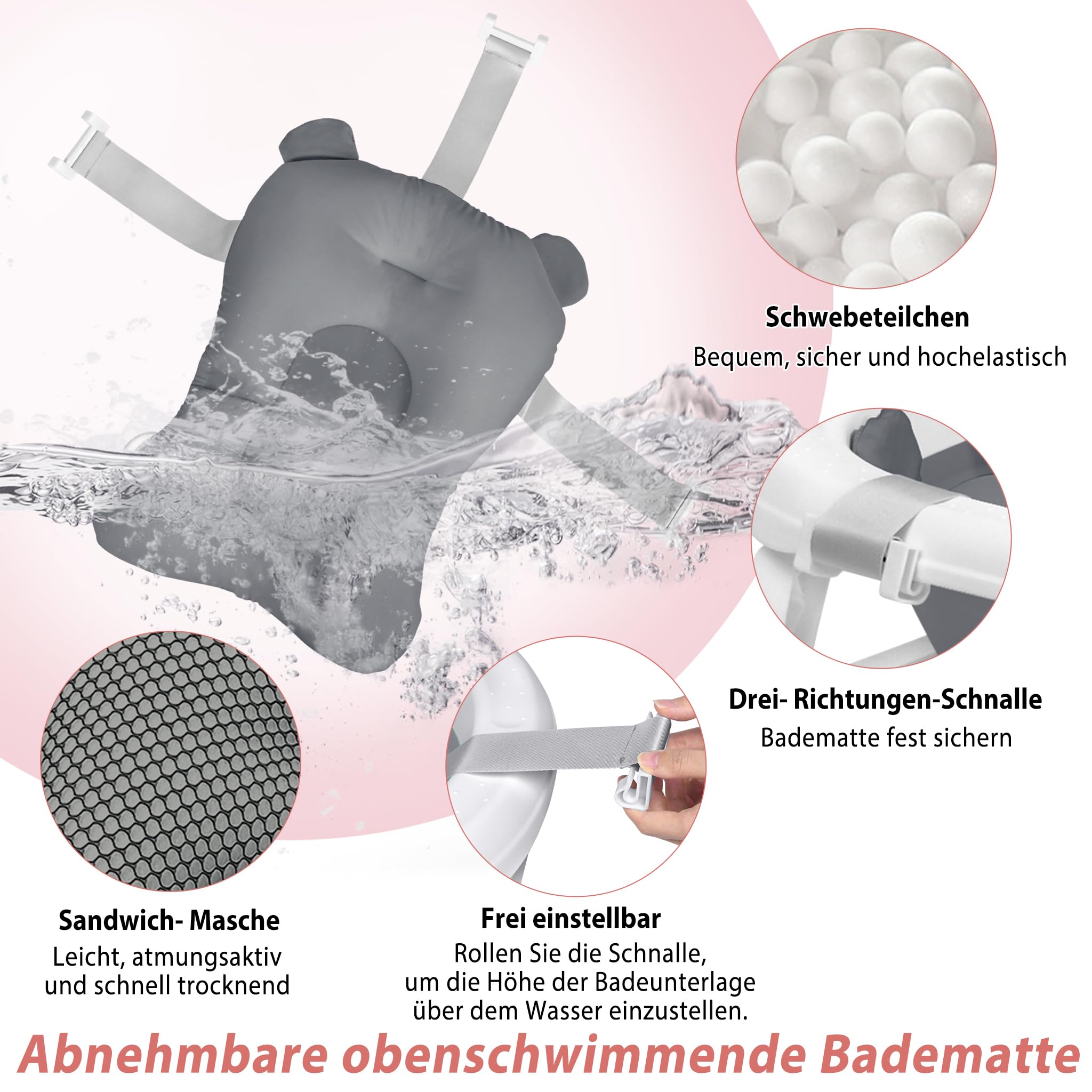 Aufun Faltbare Baby Badewanne ergonomische Babywanne mit rutschfesten Füßen für Babys und Neugeborene, inkl. Bade Sitzkissen, folding bathtub, platzsparend (Grau+ Badewannenkissen)