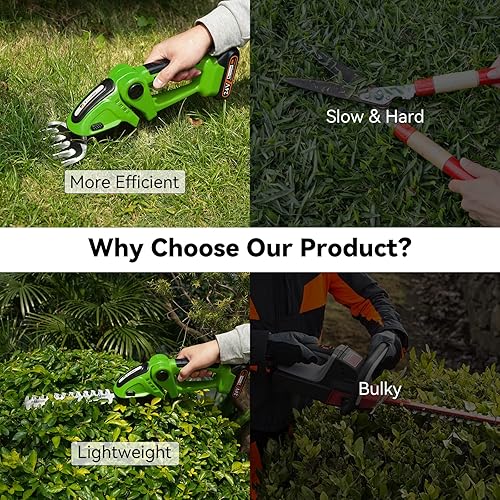 Miniatura 8 de TOOVEM - Cortasetos inalámbrico 2 en 1 con 2 baterías recargables y cargador, cortador eléctrico de 24 V para jardín, césped (verde)