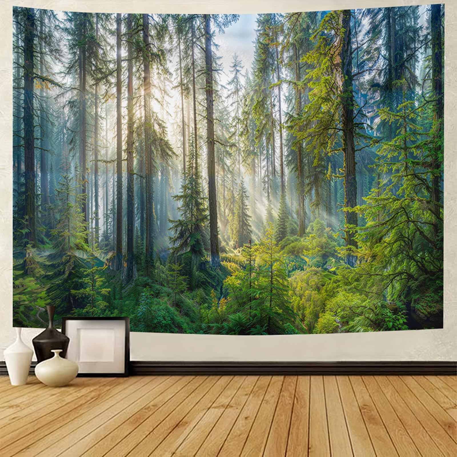 BCughia Dekoracja ścienna 350 x 256 cm, kolor naturalny, dywan ścienny, las, mgła, krajobraz, zielony, dekoracja ścienna do sypialni, salonu