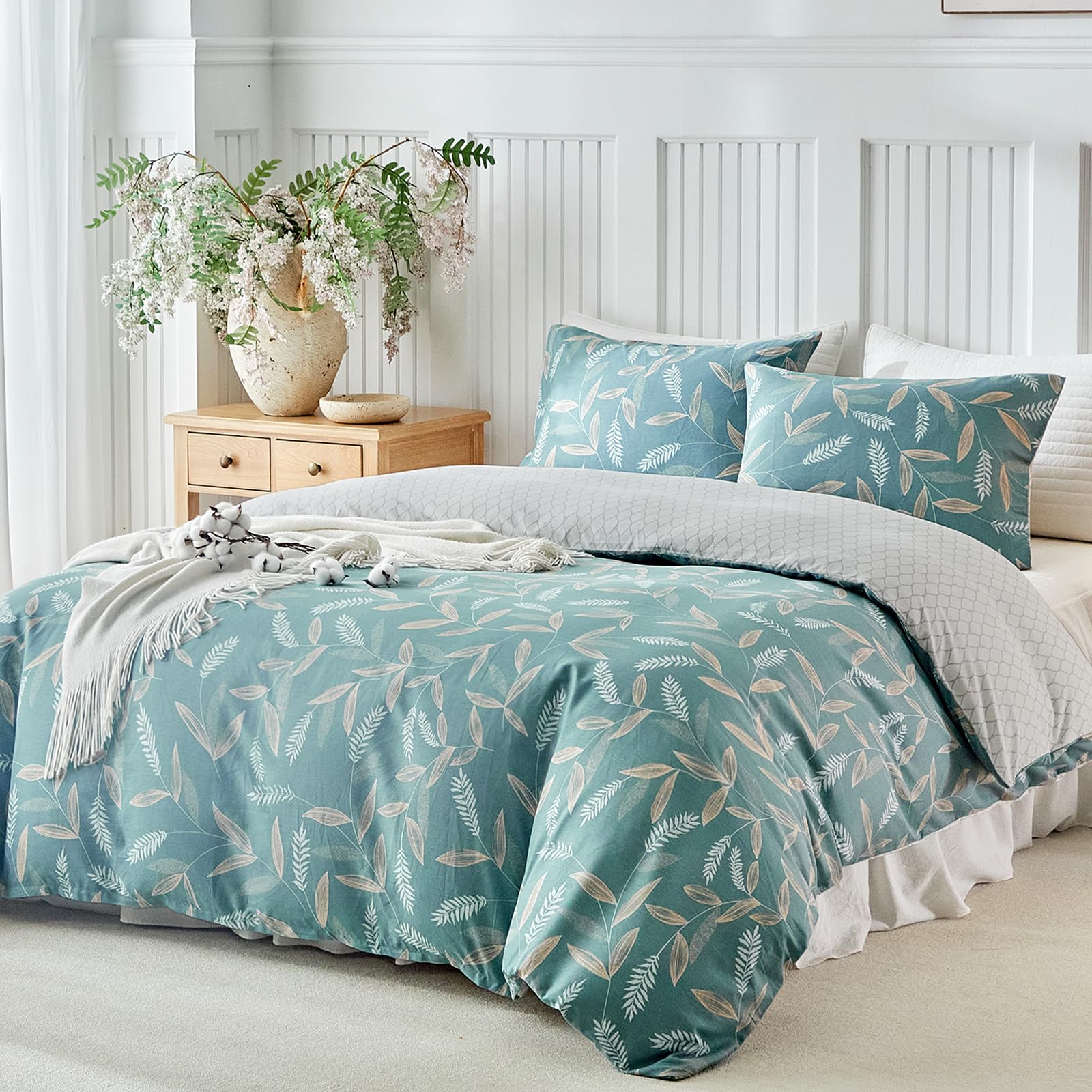 Lekesky 100% Cotton King Size Duvet Cover Sets with Botanical Leaf Pattern