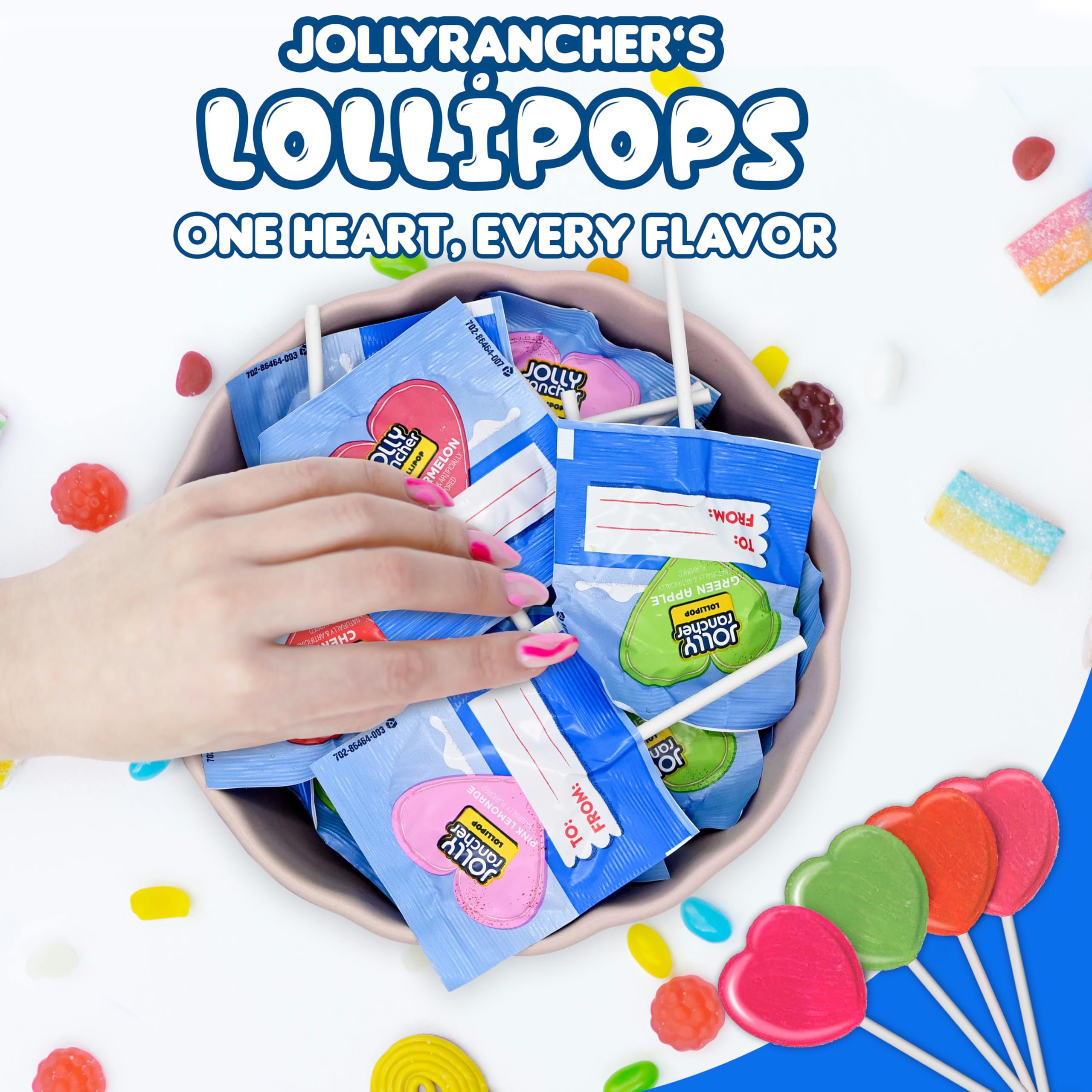 Jolly Ranchers Heart Lollipops – 40 Count Bag – Bulk Valentine Candy, Assorted Fruit Flavors – Heart-Shaped Lollipops for Parties, Classroom Exchange, Candy Buffets, and Gifting