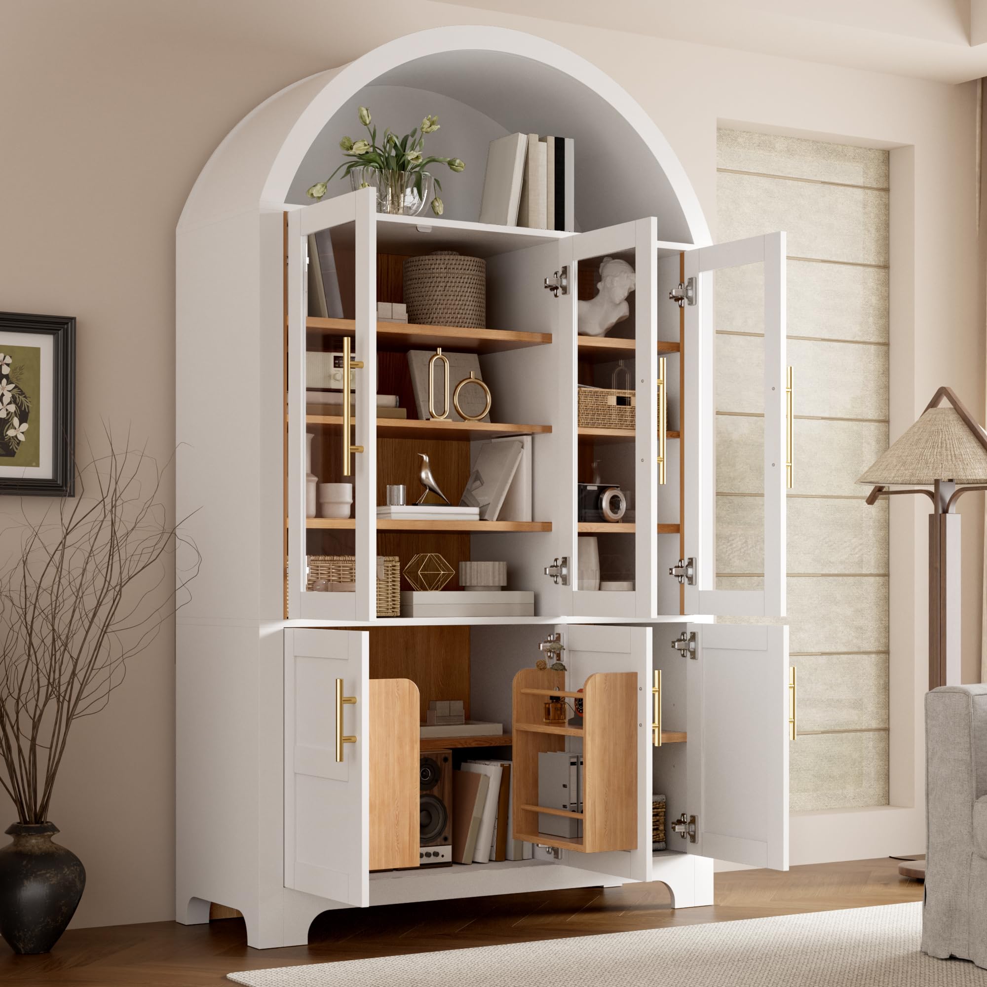 Credenza moderna verticale, PB+MDF, nicchia ad arco superiore, 3 vetrine in vetro, 3 scomparti chiusi, ripiani regolabili, maniglie in alluminio, armadio multifunzione per la casa, bianco