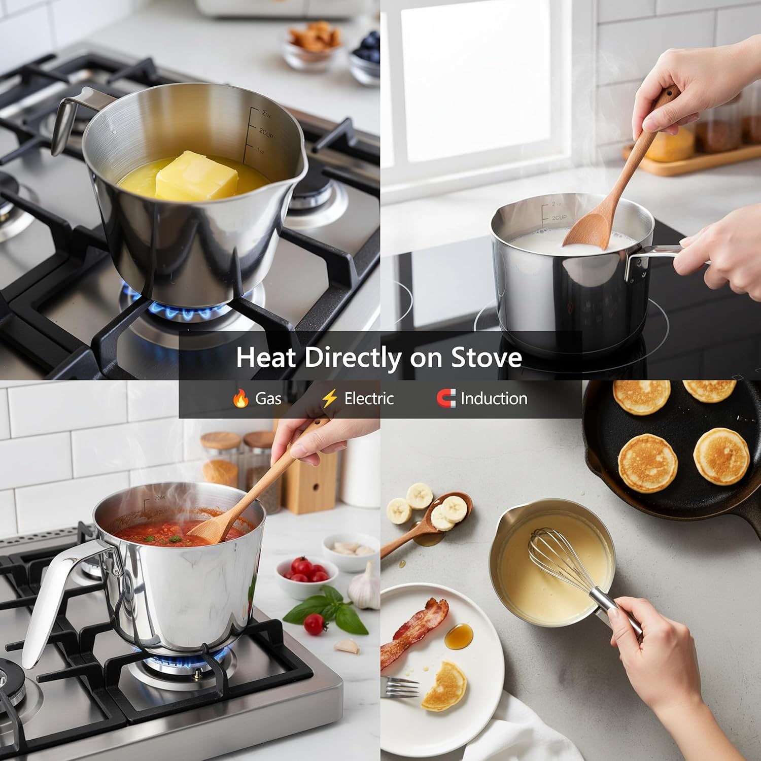 Stovetop Measuring Cup 600ml (2.5 Cup), Stainless Steel Butter Melting Cup with Handle & Spout, Heating Measuring Cup for Milk, Sauce, Small Batch Cooking