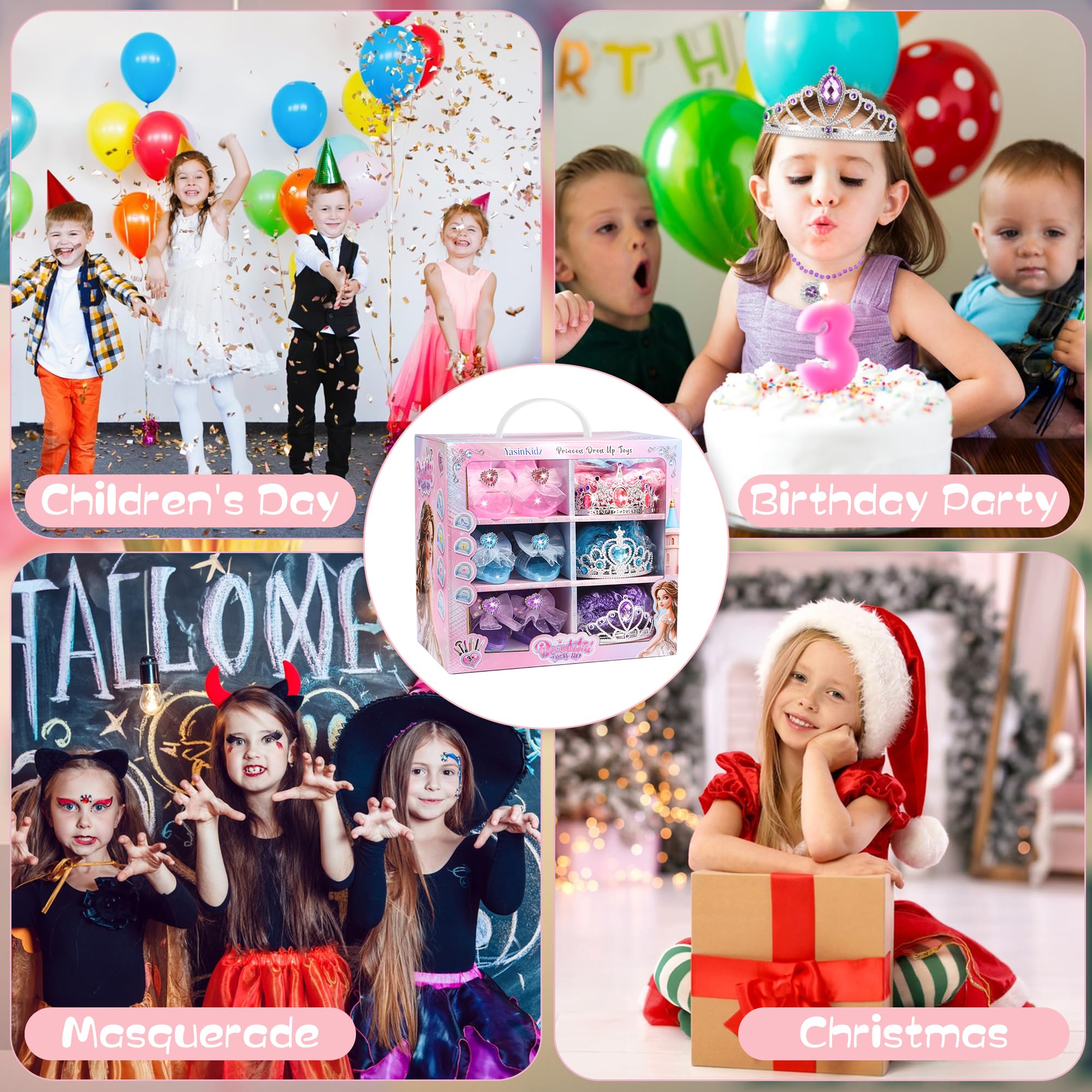 Prinzessin Schuhe mit Kinderschminke Set Mädchen, Prinzessin Spielzeug mit 3 Paar Schuhen, 3 Tüllrock, Krone, Halskette, Geburtstag Weihnachten Geschenke für Mädchen 3 4 5 6 Jahre