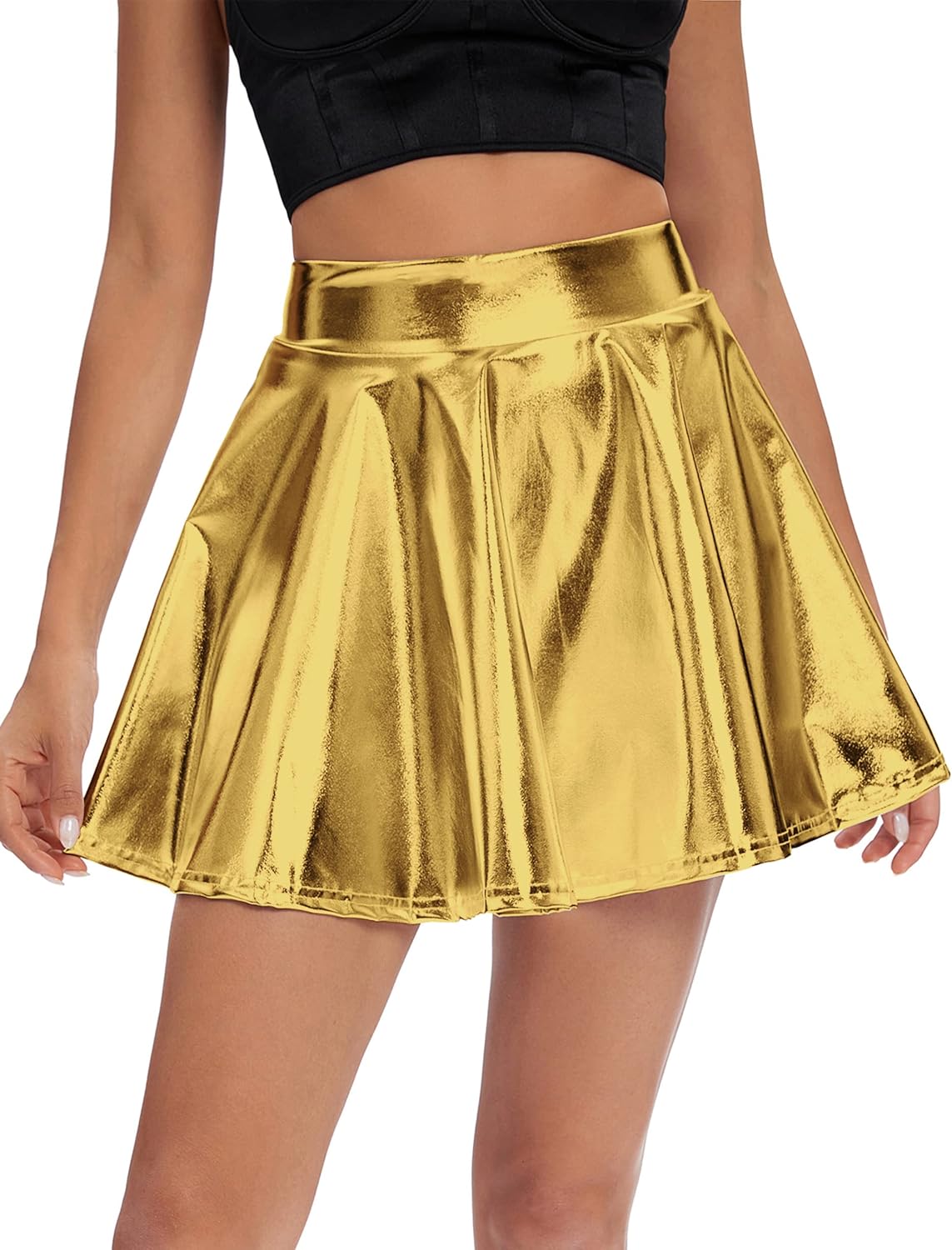 Urban CoCo Women's Shiny Flared Pleated Mini Skater Skirt - Image 6