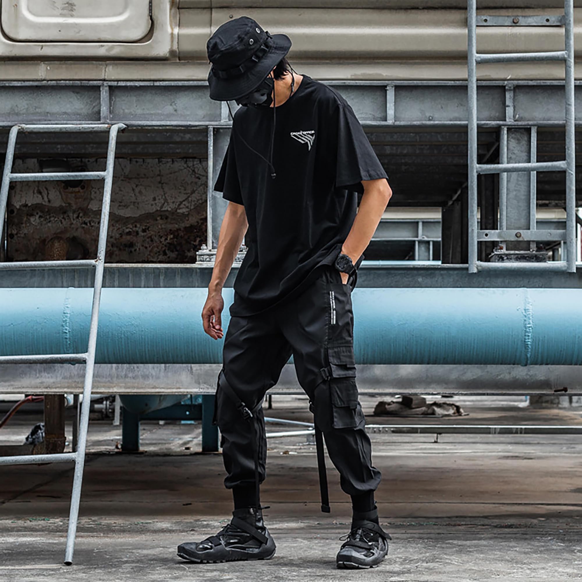 XYXIONGMAO Dunkle Herren-Cargohose, Cyberpunk-Hose, Gothic-Hose für Herren, japanische Cargohose mit Trägern, taktische Tech-Cargohose