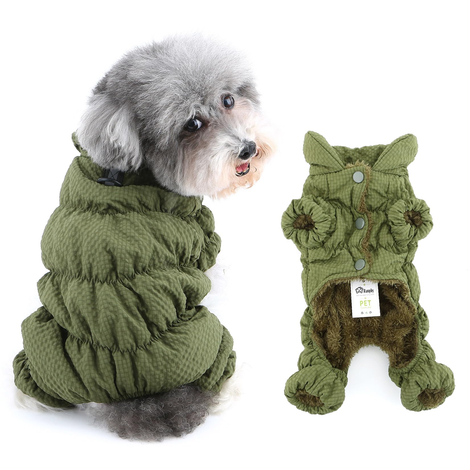 Ranphy Waterproof Plaid Winter Coat Jumpsuit for Small Dog Padded Fleece Lined Puppy Snow Jacket Full Cover Snowsuit with Legs Yorkie Chihuahua Cold Weather Clothes Leash Ring Cat Clothing,Green,L