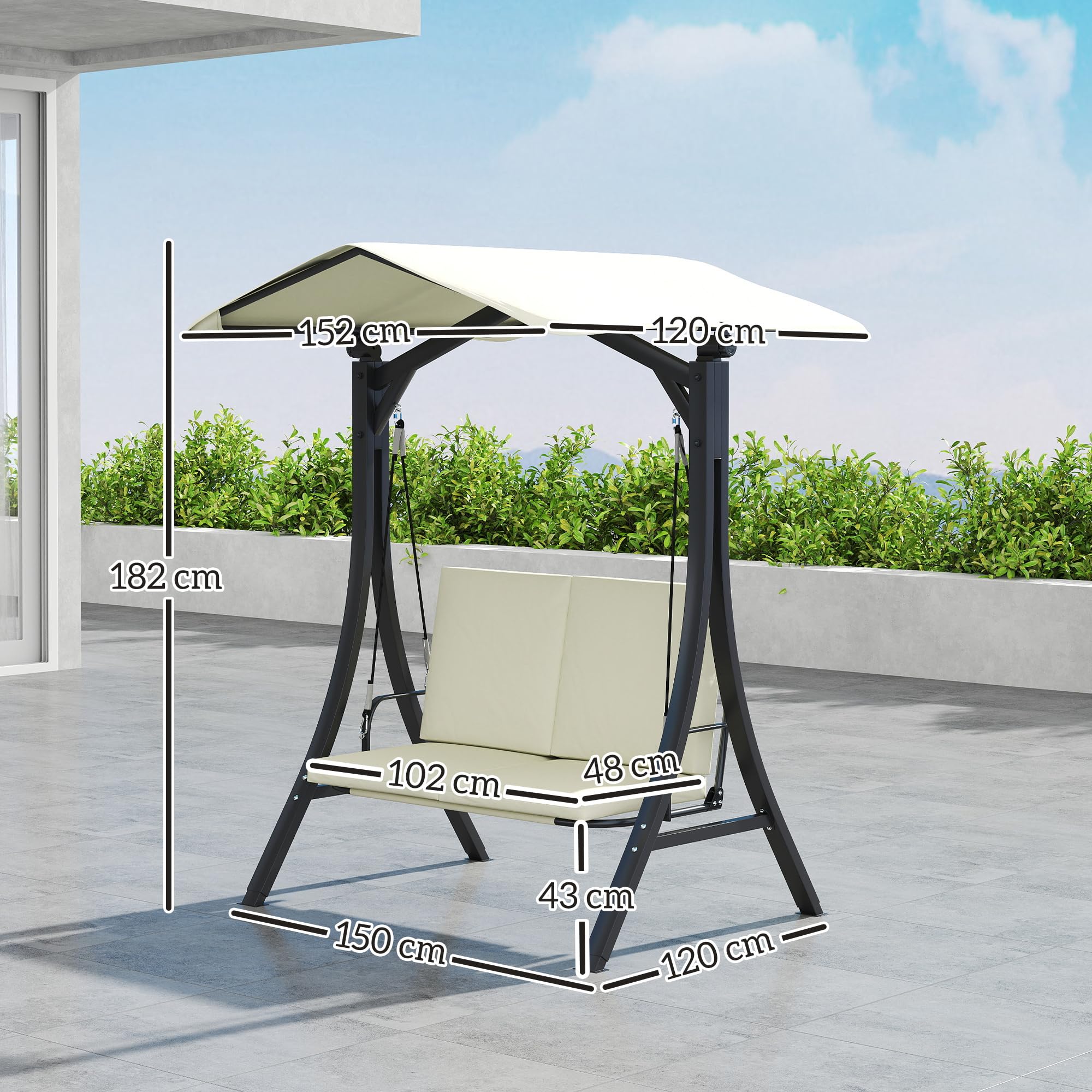 Outsunny Hollywoodschaukel mit verstellbarem Sonnendach Sitzauflage, 2-Sitzer Gartenschaukel belastbar bis 220kg, UV 30+ Schaukelbank für Garten, Terrasse, 150x120x182cm, Cremeweiß