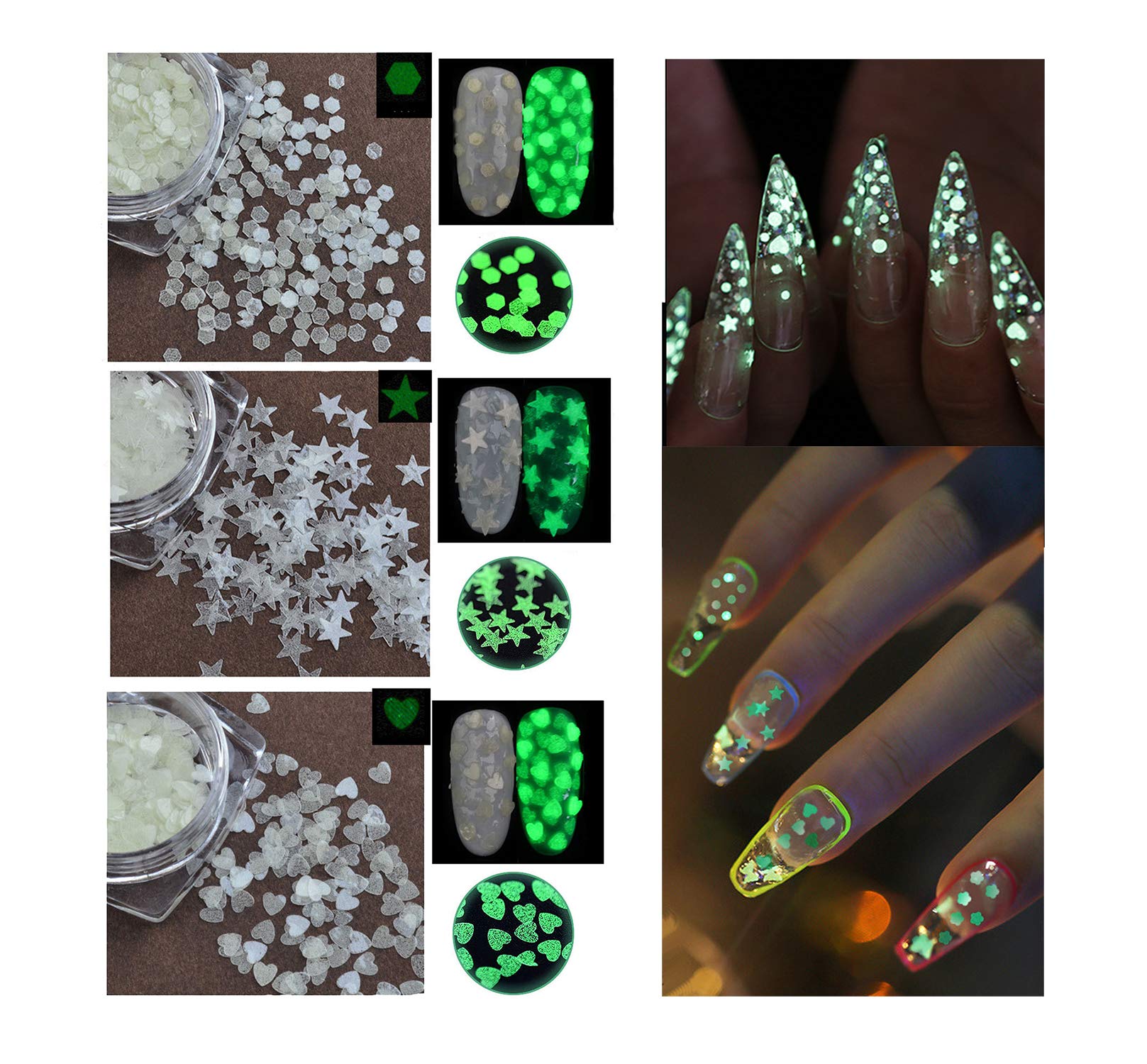 S.A.V.I 3 PCS. Nail Art Sequins Hexagon Big Star Heart Shape Flakes Craft Fluorescent Luminous Glow In the Dark Glitters Resin (Set 1)-image-48