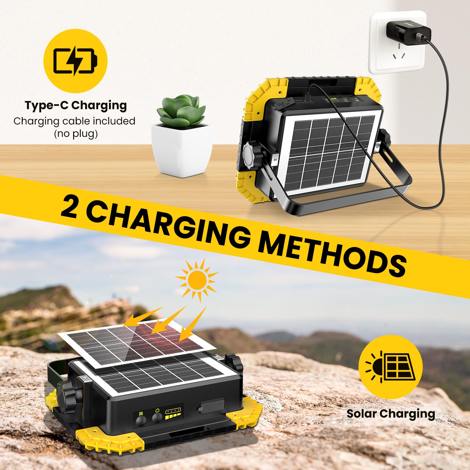MEIKEE Luz de Trabajo Recargable Solar/USB-C 20000mAh, 2 Brillos + 3 Temperaturas Color + SOS Rojo/Azul, IP66, Powerbank, Base Magnética, Rosca Trípode, Foco para Construcción, Camping, Emergencias