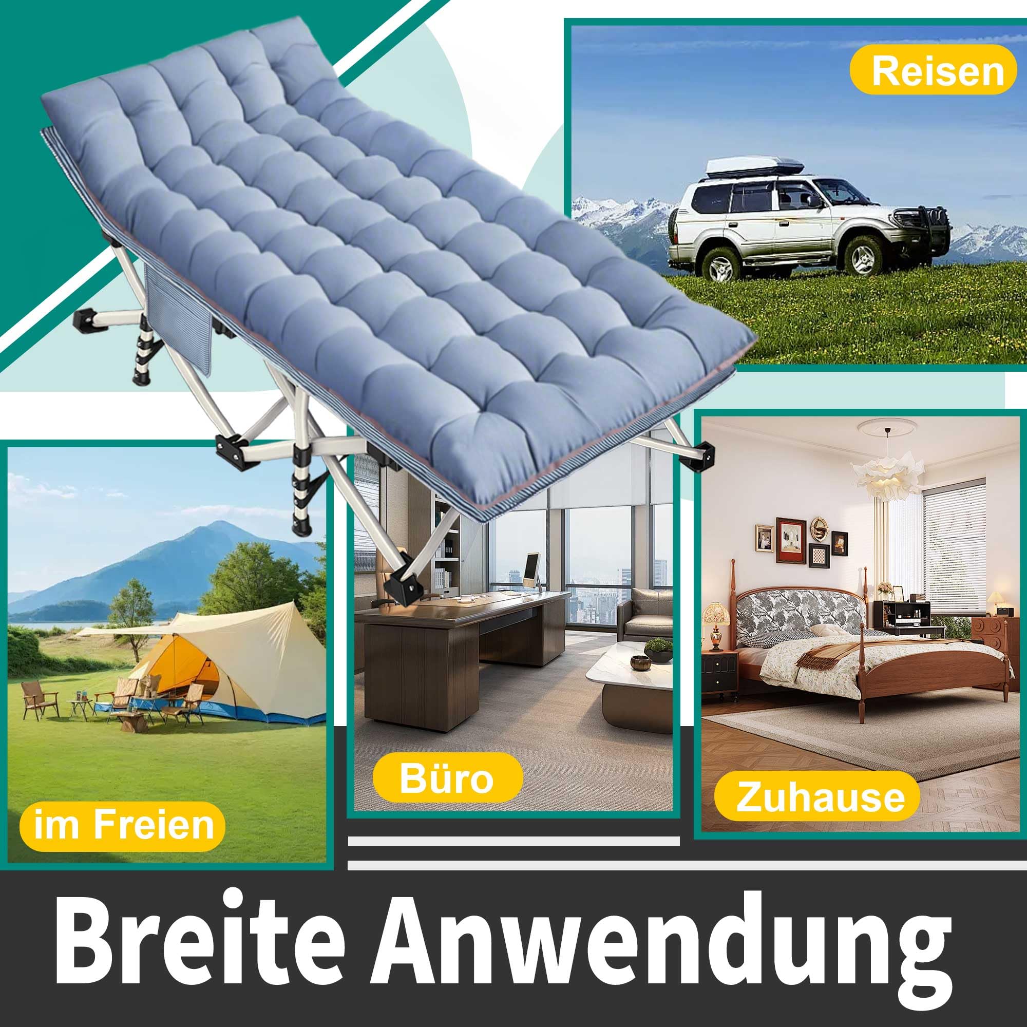 Feldbett Klappbar XXL, Extra Breit 81cm, mit Matratze, für Erwachsene, Campingbett Tragfähigkeit 400KG Gästebett Klappbett, mit Seitentasche, tragbares Campingliege, Outdoor, Reisen, Garten, Indoor