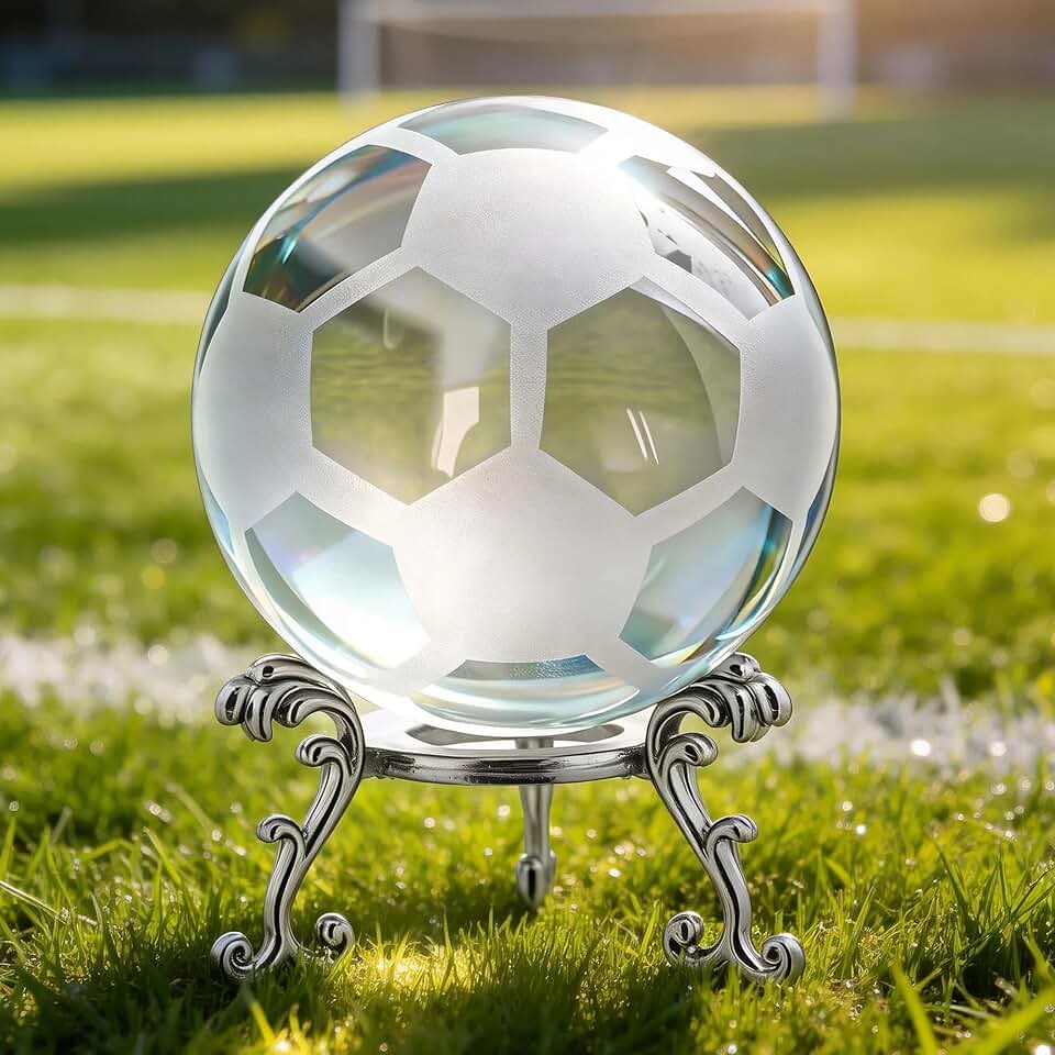 HDCRYSTALGIFTS Bola de futebol de cristal 3D de 60 mm com suporte de bola decorativa de vidro, ideia de presente para fãs de esportes da Copa do Mundo, decoração de mesa de escritório em casa
