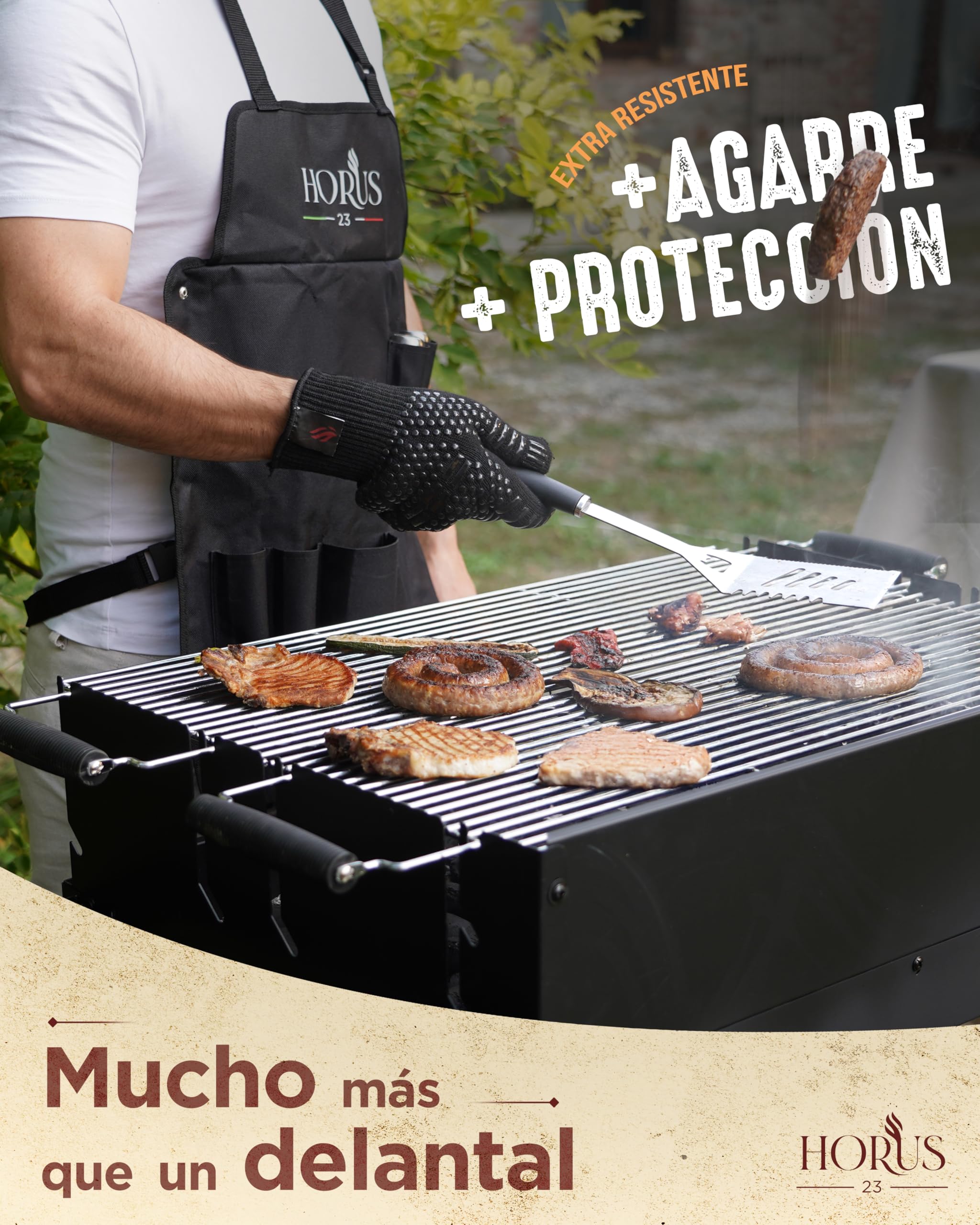 HORUS 23® - Kit Barbacoa con BBQ Accessories en Acero Inoxidable, Delantal Oxford con Bolsillos, Guante Ignífugo y Tapete para Parrilla