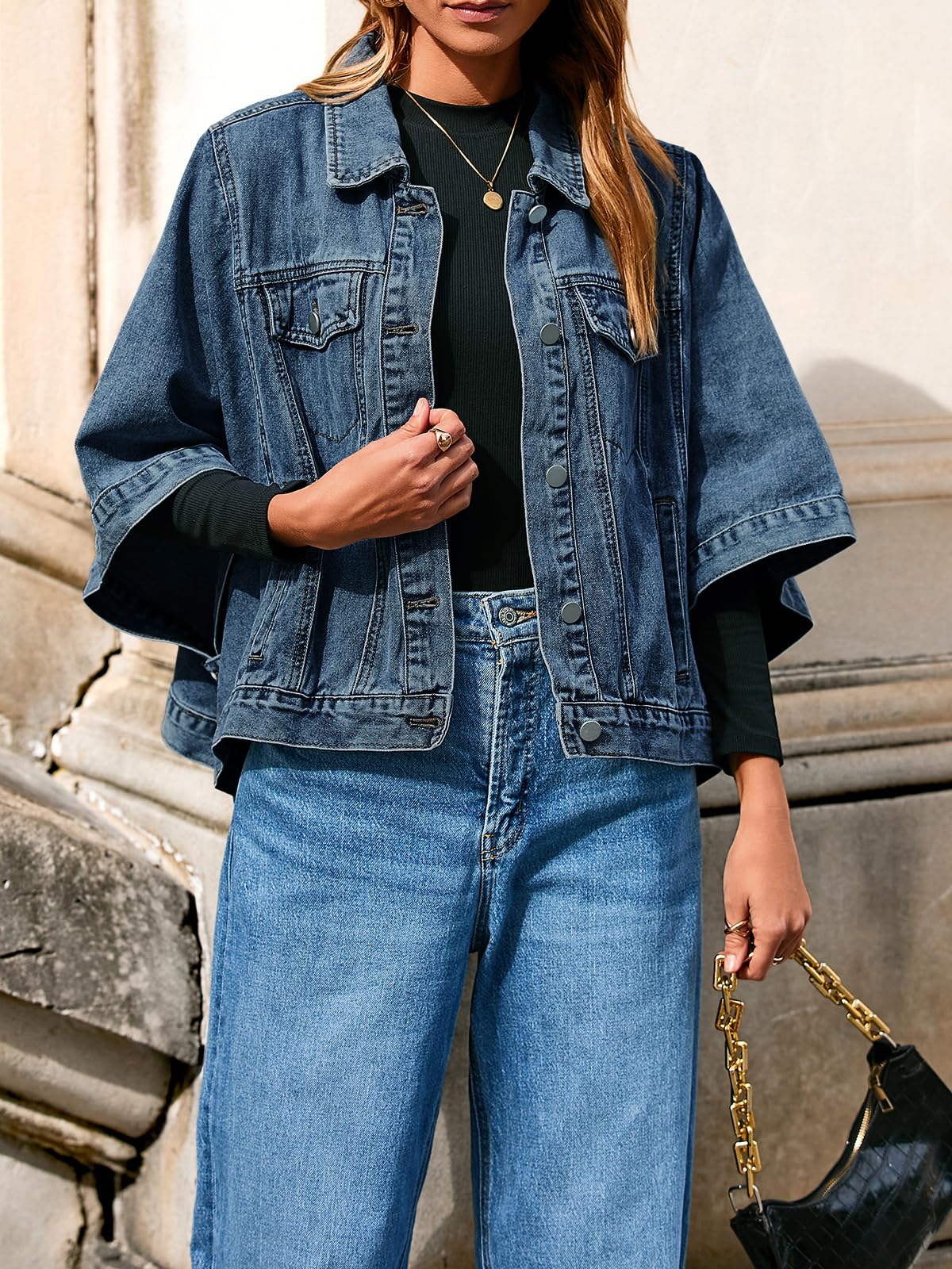 Tankaneo Veste en jean surdimensionnée à manches courtes en coton pour femme, cape tendance pour l'automne avec poches