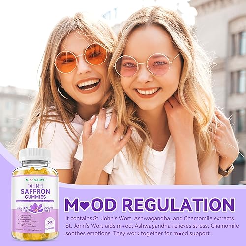Miniatura 5 de Gomitas de azafrán 10 en 1 regulan cortisol azafrán 88.5 mg Suplemento con vitamina D3, B6, magnesio, zinc, Ashwagandha, L-teanina, manzanilla,