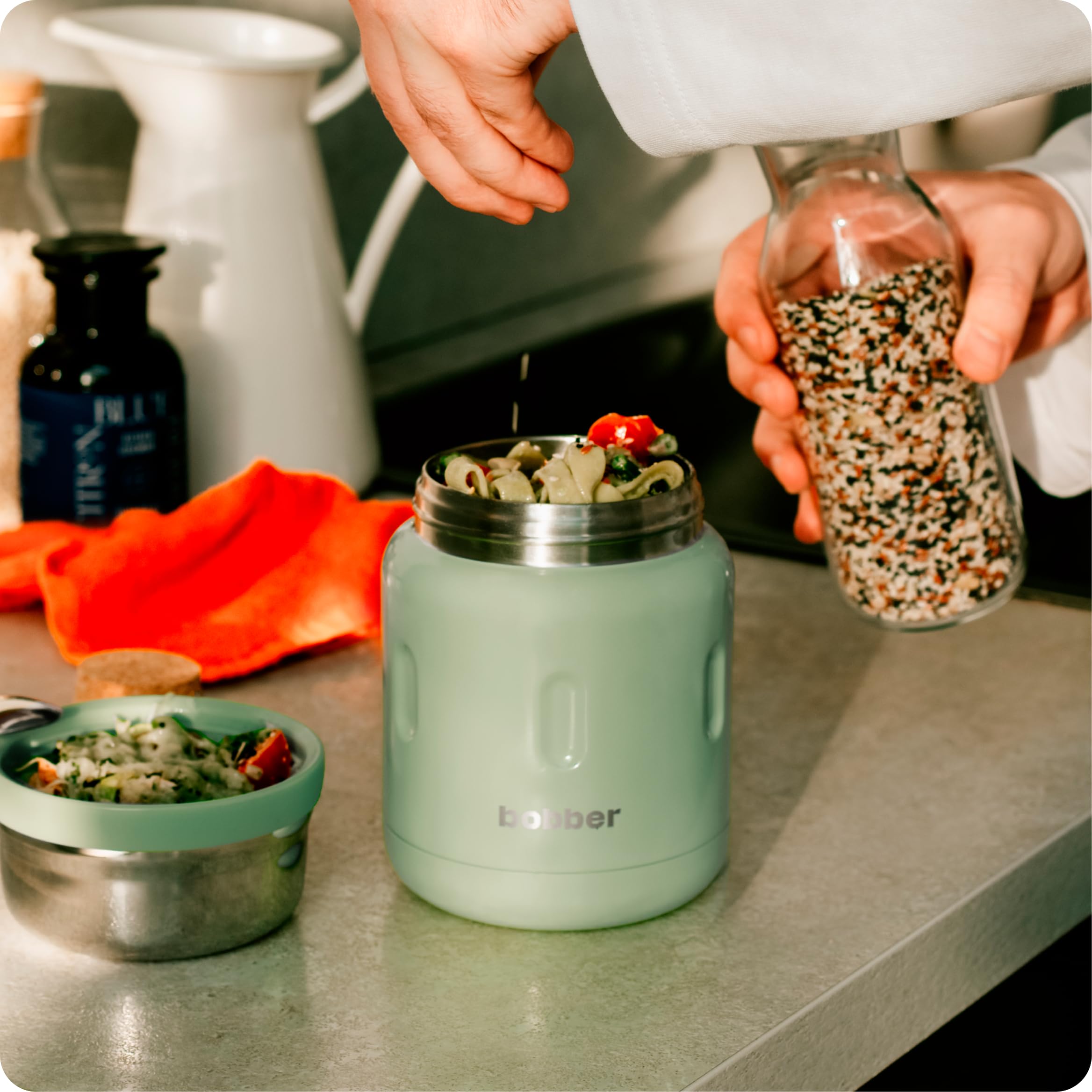 BOBBER Termo aislado de acero inoxidable de 16 onzas para alimentos calientes, recipiente de sopa de boca extra ancha con cuchara y cuenco, mantiene el arroz y la pasta calientes durante 10 horas y