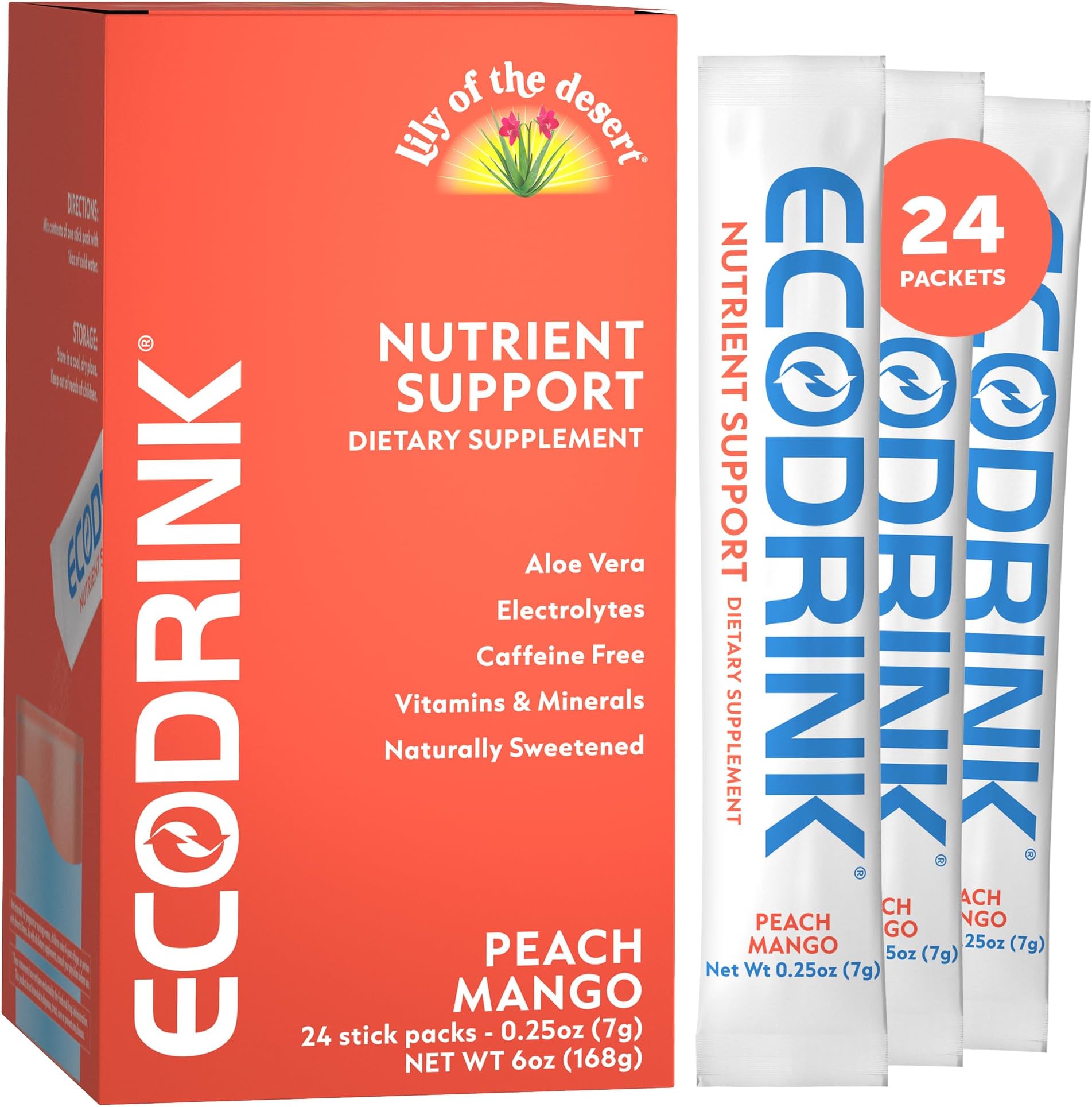 Lily of the Desert EcoDrink Nutrient Support Hydration Packets, Peach Mango – Naturally Sweetened Multivitamin Electrolyte Mix with Aloe, 24 Stick Packs/Box, 0.25 Oz Ea