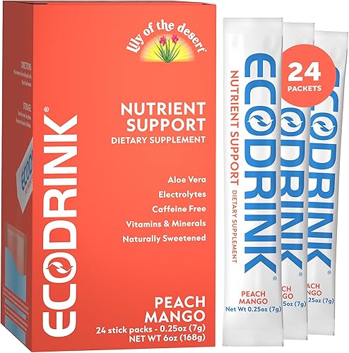 Lily of The Desert EcoDrink - Paquetes de hidratación de apoyo nutritivo, melocotón y mango, mezcla de electrolitos multivitamínicos naturalmente