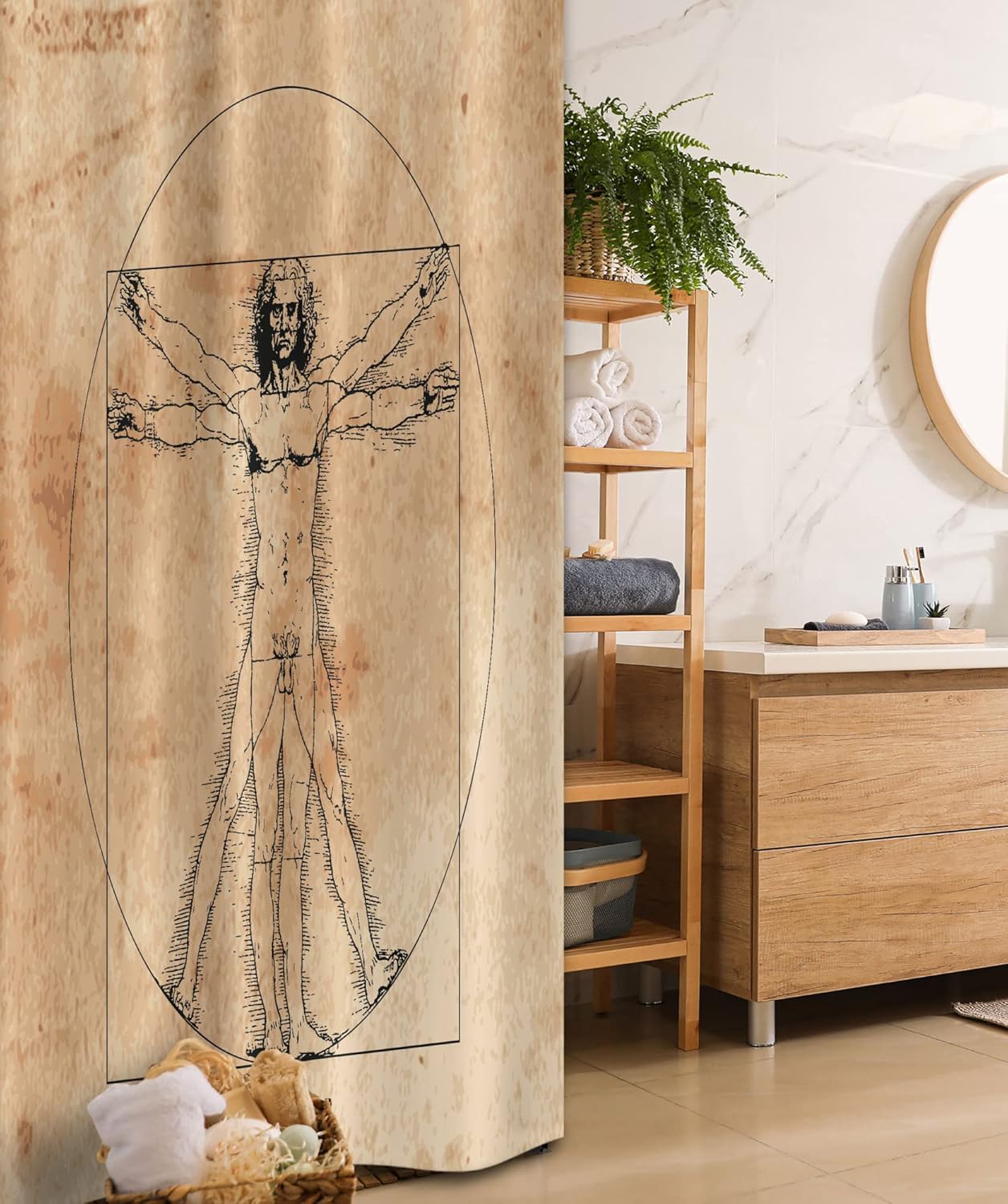 Ambesonne Human Anatomy Stall Shower Curtain, Medieval Vitruvian Man Crosshatching Famous Italian Painting Renaissance Body Art, Fabric Bathroom Decor Set with Hooks, 36" W x 72" L, Sepia Brown Black
