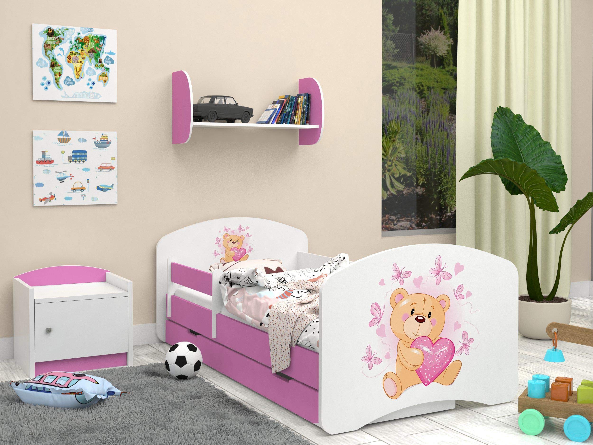 Happy Babies - Dwustronne łóżko dziecięce w kolorze różowym, nowoczesne wzornictwo z bezpiecznymi krawędziami i zabezpieczeniem przed upadkiem materac piankowy 7 cm (07. miś w miłości, 140 x 70)
